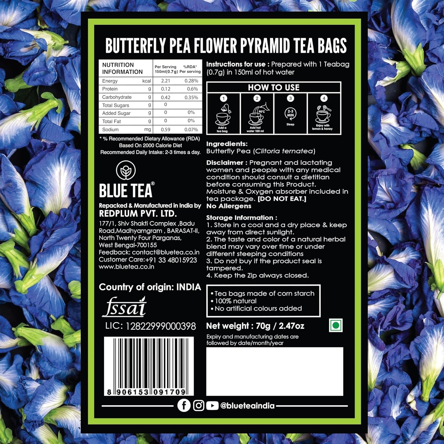 BLUE TEA - Butterfly Pea Flower Tea - 100 Count - Pyramid Plant Based Tea Bag | ANTIOXIDANT RICH | Tea Gift - Herbal Tea - Flower Based - Caffeine Free - Non-Bitter | Zipper Pack