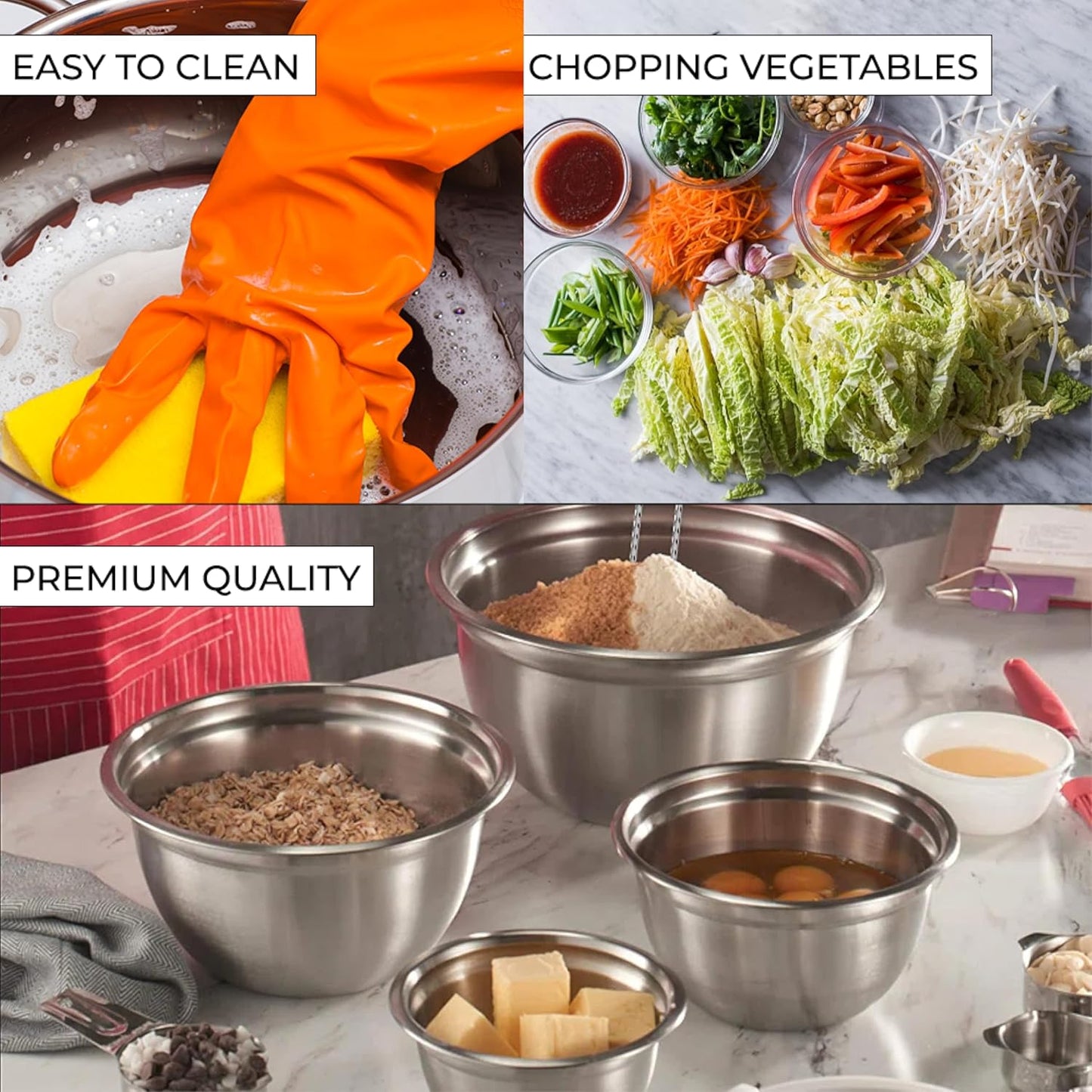 AVADOR Premium Stainless Steel Mixing Bowls Sets Brushed Stainless Steel Mixing Bowl Set, Easy To Clean, Space Saving, Great for Cooking, Baking, Prepping Needs (8 pc with Lid and Grater)