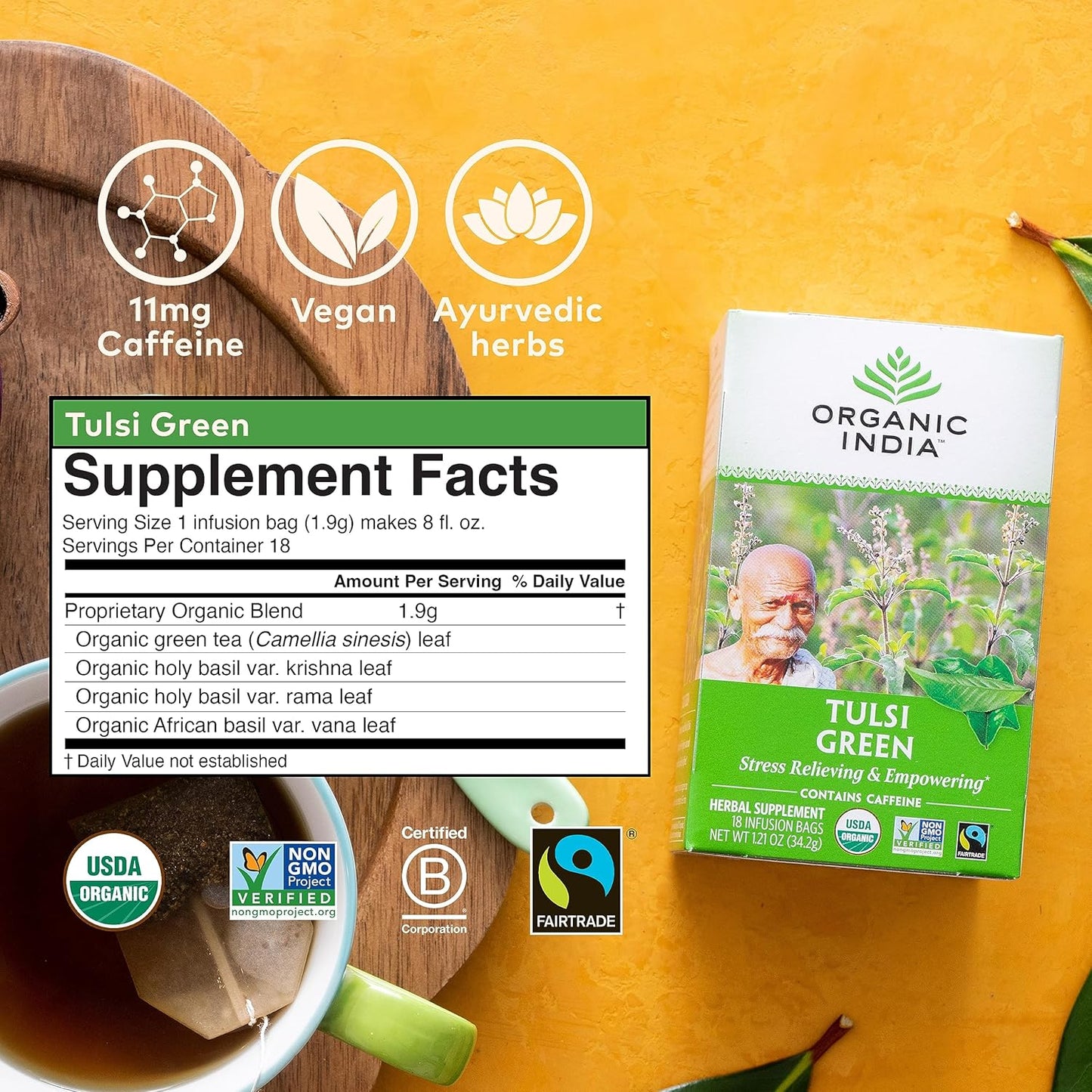 Organic India Tulsi Green Tea Bags - Holy Basil Tea, African Basil, Stress Relieving, Immune Support, USDA Certified Organic, Premium Darjeeling Green Tea, Caffeinated - 18 Infusion Bags, 6 Pack