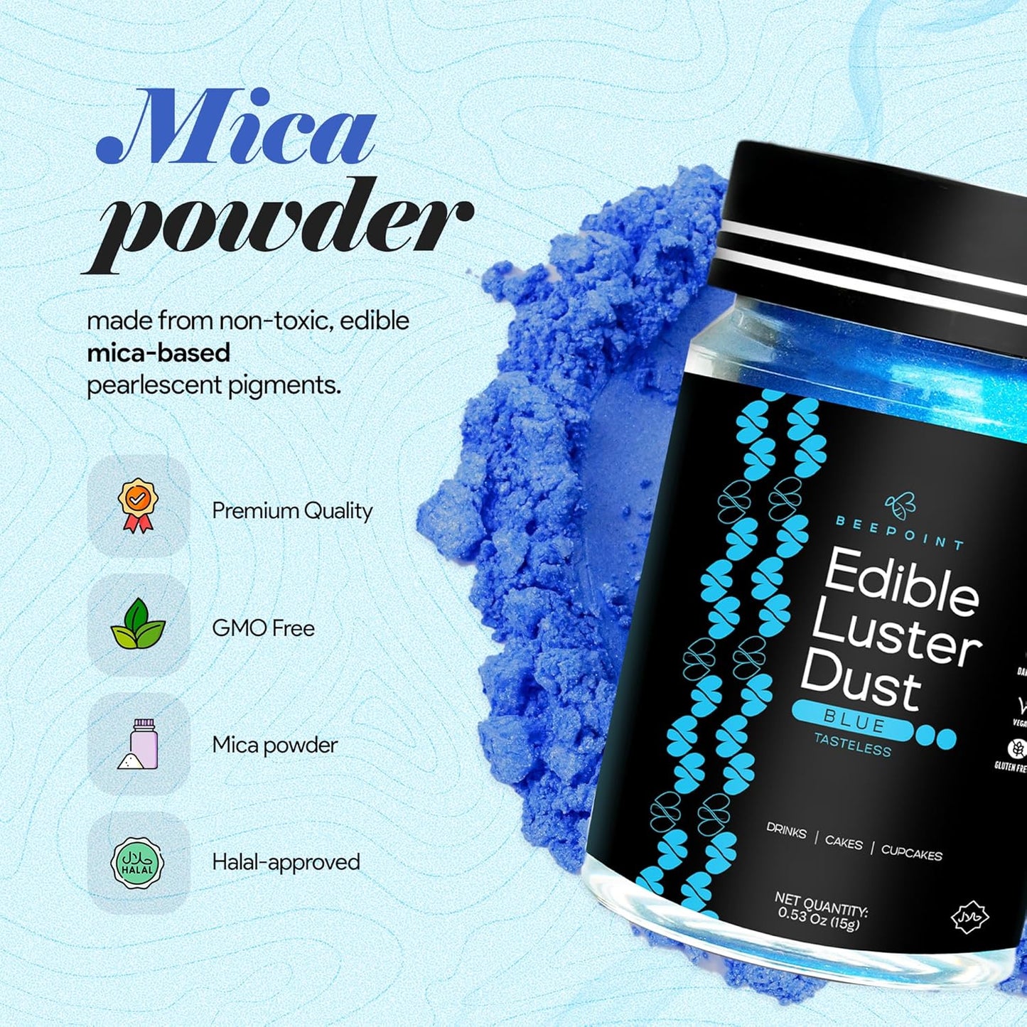 BeePoint Blue Edible Luster Dust 15g - Food Grade, Vibrant Color Shimmer Powdered Dust for Drinks, Cocktails, Cake Decorating, Baking, Chocolates, Candy, Sweets, & Cookies - Vegan & Gluten Free