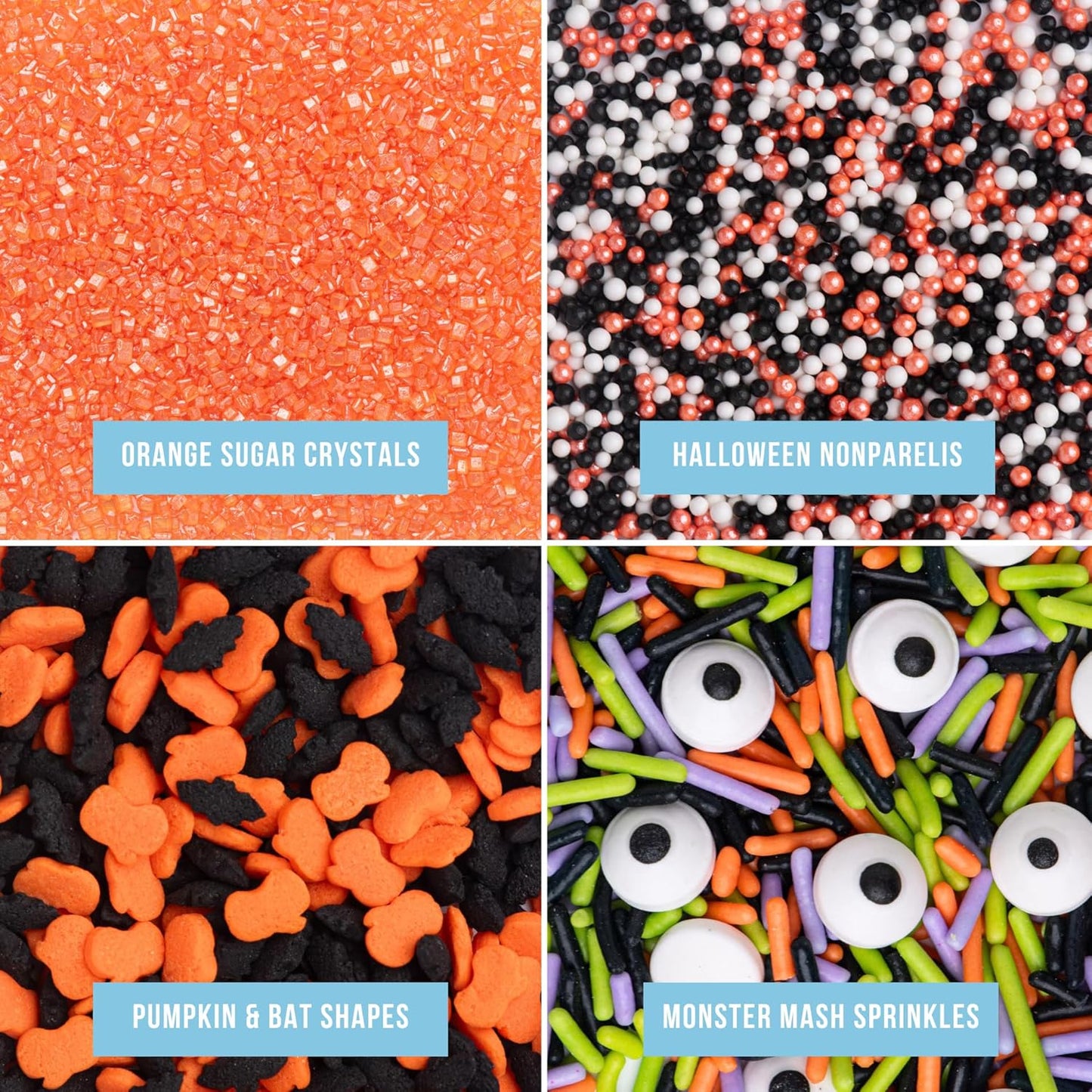 Sweets Indeed Halloween Sprinkles 4-Pack – 10.90 oz Jar Set | Candy Eyeball Mix, Bat & Pumpkin Quin Mix, Orange Sanding Sugar & Black/White/Orange Nonpareils | Cupcake & Cookie Decorations