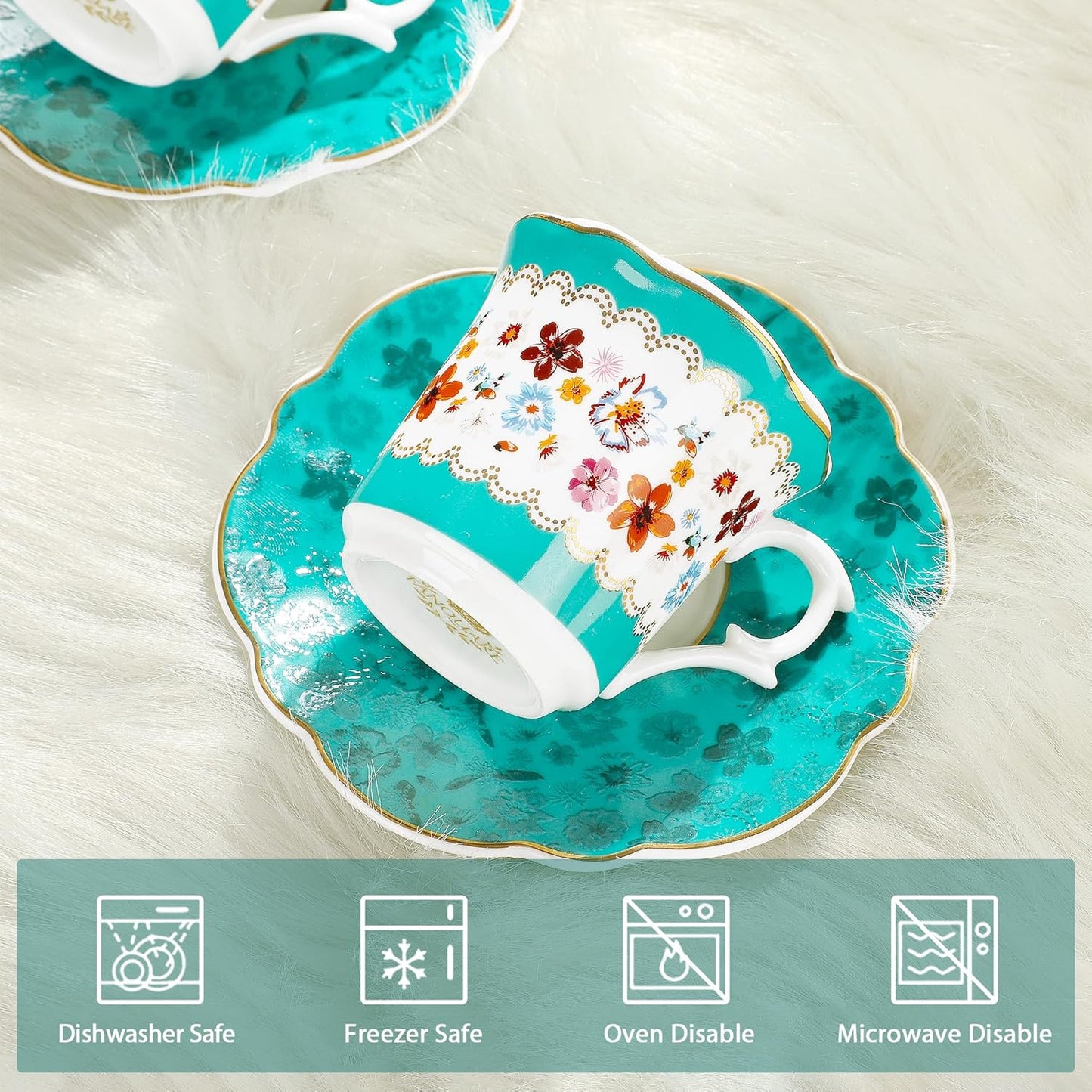 fanquare 2.5 Ounce Vintage Espresso Cups Set of 6, 12 Pieces Ceramic Demitasse Cup and Saucers, Green and Flower Pattern Espresso Mugs for Coffee Bar Home