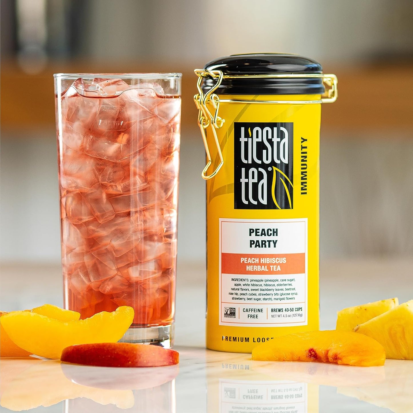 Tiesta Tea - Peach Party, Loose Leaf, Peach Hibiscus Herbal Infusion, Premium Blend, Non-Caffeinated Fruit Tea, Makes Hot or Iced & Up to 50 Cups, 4.5oz Refillable Tin