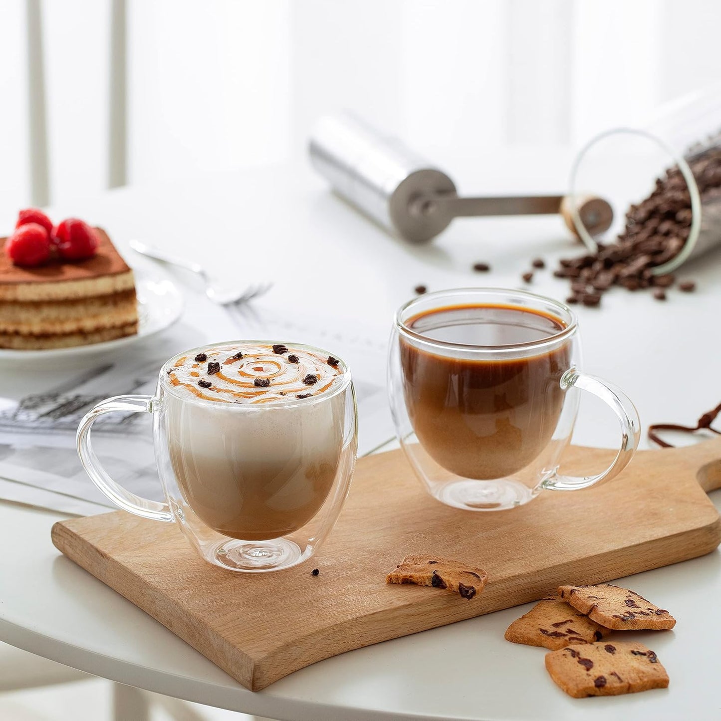 CNGLASS Double Wall Glass Coffee Mugs with Handle,8.5oz Clear Insulated Glass Espresso Cups for Hot and Cold Beverages,Latte,Cappuccino,Set of 2