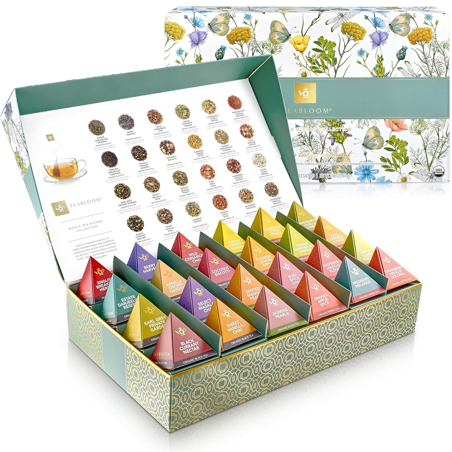 Teabloom - World's Finest Pyramid Tea Collection, 24 Varieties of USDA Certified Organic Teas - Black, Green, White, Oolong & Herbal Tea Blends