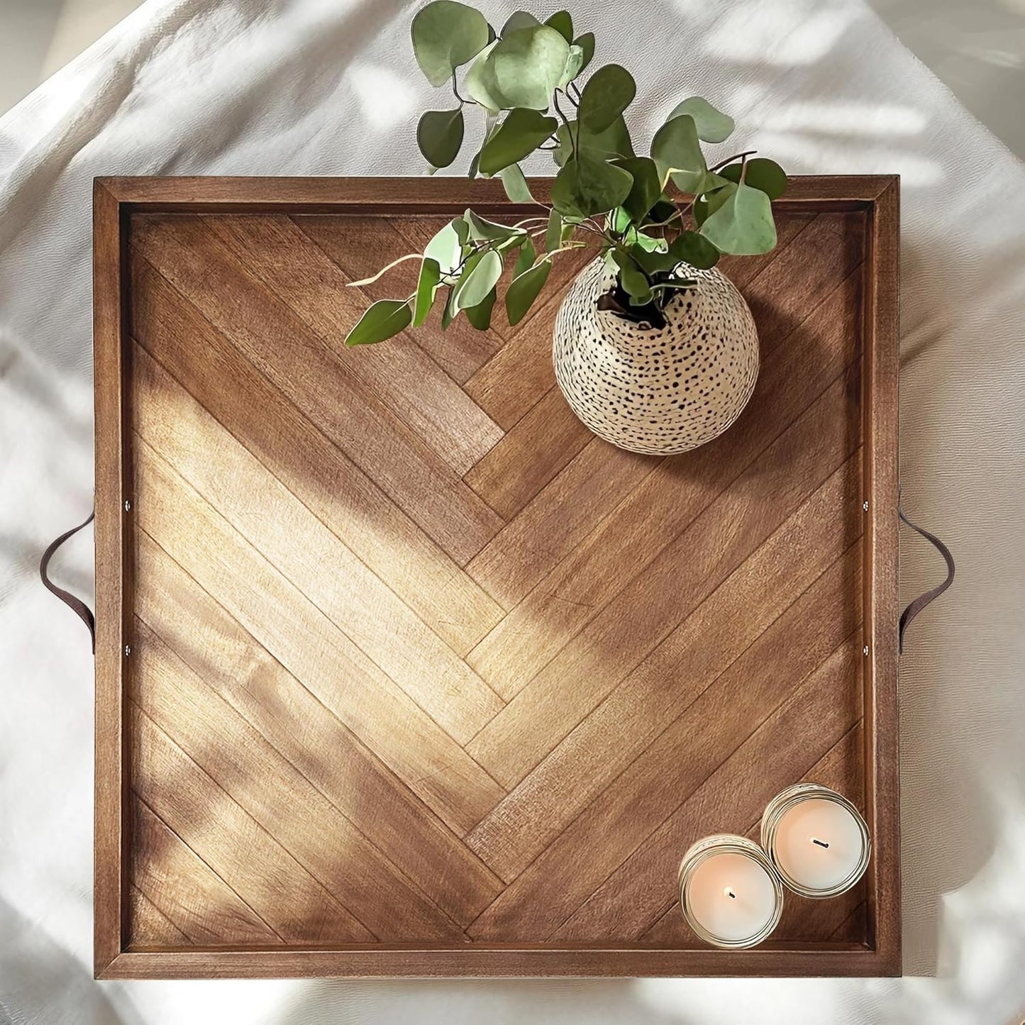 Tray for Ottoman 24 x 24 Inches, Square Ottoman Trays, Large Wooden Tray with Leather Handles, Food Serving Trays for Dinner, Breakfast, Snacks