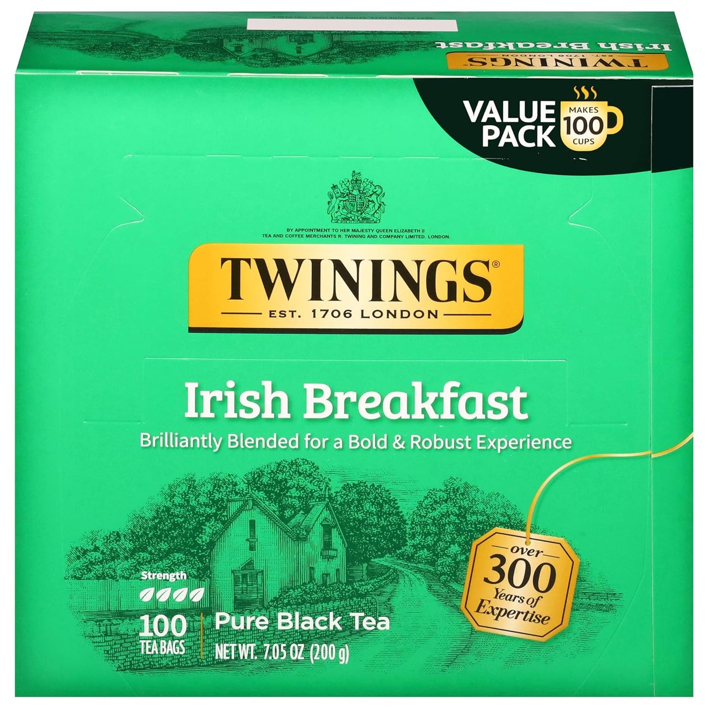 Twinings Irish Breakfast Black Tea Individually Wrapped Bags, 100 Count (Pack of 1), Flavourful, Bold, and Robust, Caffeinated, Enjoy Hot or Iced, 100 Teabags