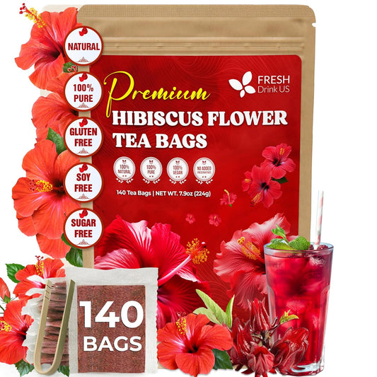 FreshDrinkUS, Premium 140 Hibiscus Flowers Tea Bags, 100% Natural, Handmade & Pure from Hibiscus Flowers. No Sugar/Caffeine/Gluten, Vegan. Tart & Refreshing, Hot or Ice Tea, Great For All Seasons