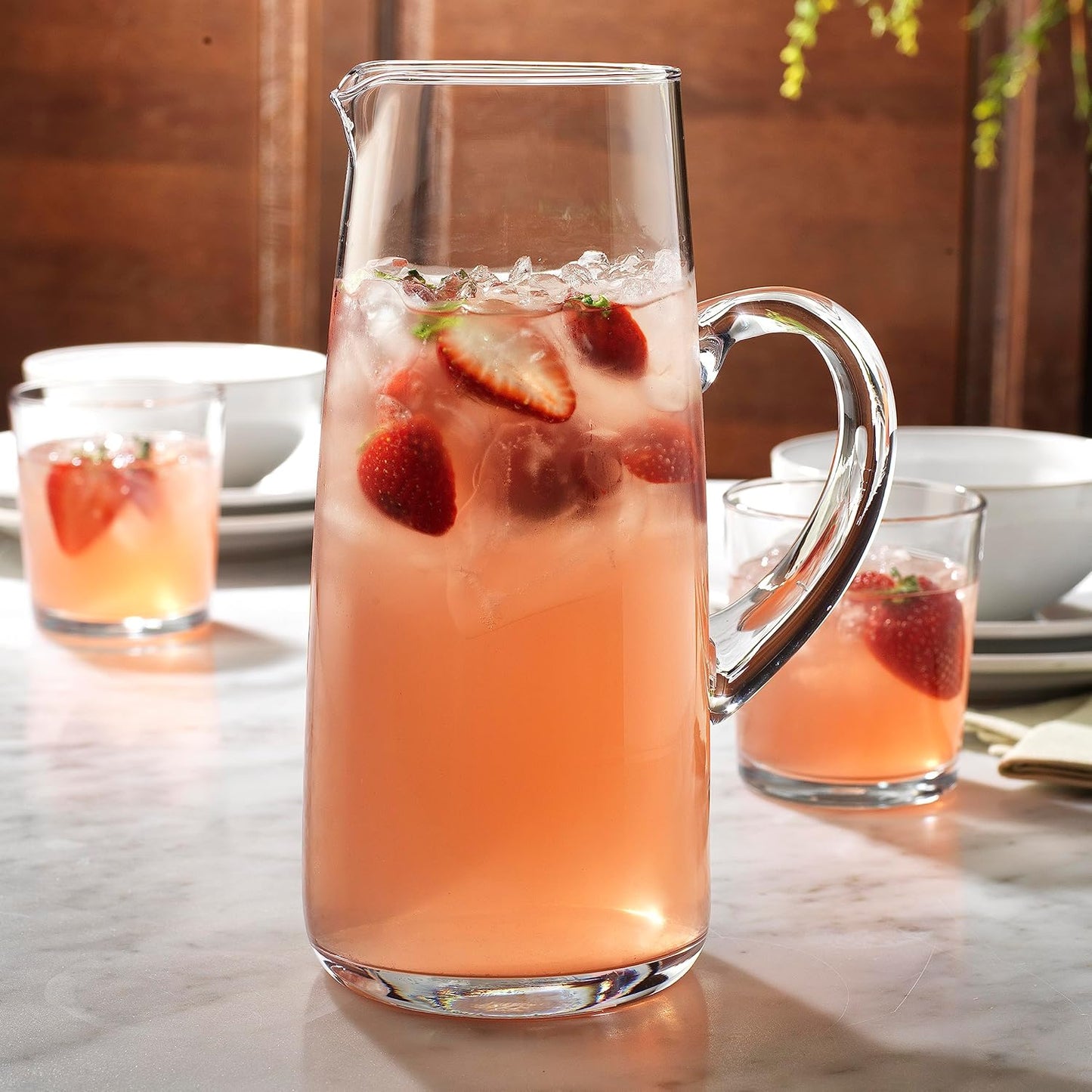 Glass Water Pitcher with Spout – 63 Oz Elegant Serving Carafe for Water, Juice, Sangria, Lemonade, and Cocktails – Clear Glass Beverage Pitcher.