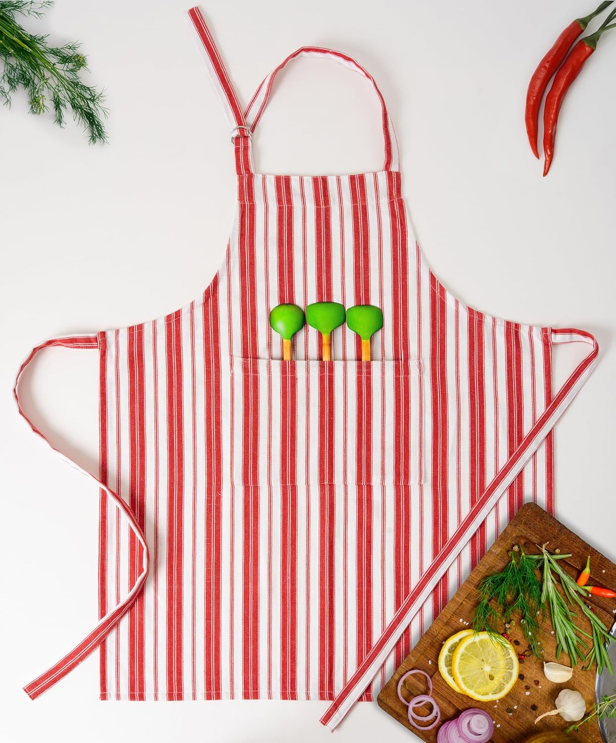 100% Cotton Apron For Men & Women -28 x 32 Inches – Chef Aprons – Useful When Cooking, Baking, Gardening – Adjustable Strap Around Waist & Neck With Pockets Bright Red Stripes