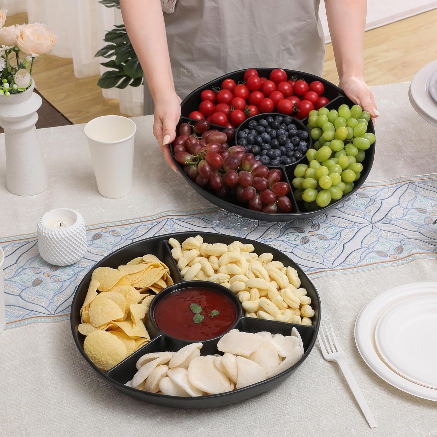 Chip & Dip Serving Tray Set, 4 Sectional Round Melamine Serving Platter, Relish Tray, Round Compartment Appetizer platter for Veggies, Candy and Snacks, Matte Black, Set of 2