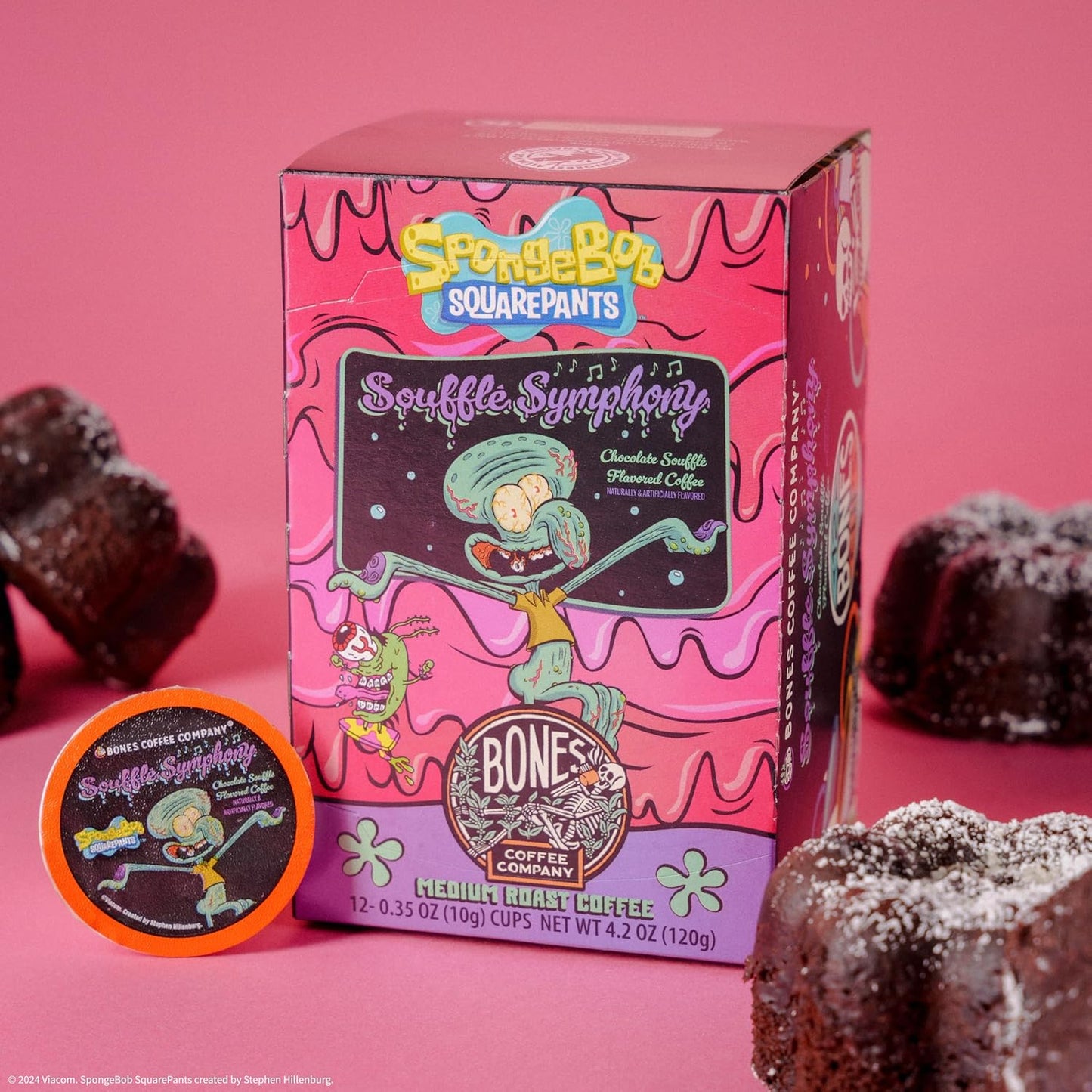 Bones Coffee Company Spongebob Soufflé Symphony, Chocolate Soufflé Flavored Coffee Pods, Low Acid Medium Roast Single-Serve Bones Cups, Compatible with 1.0 & 2.0 Capsule Brewers Coffee Maker, 12 Count