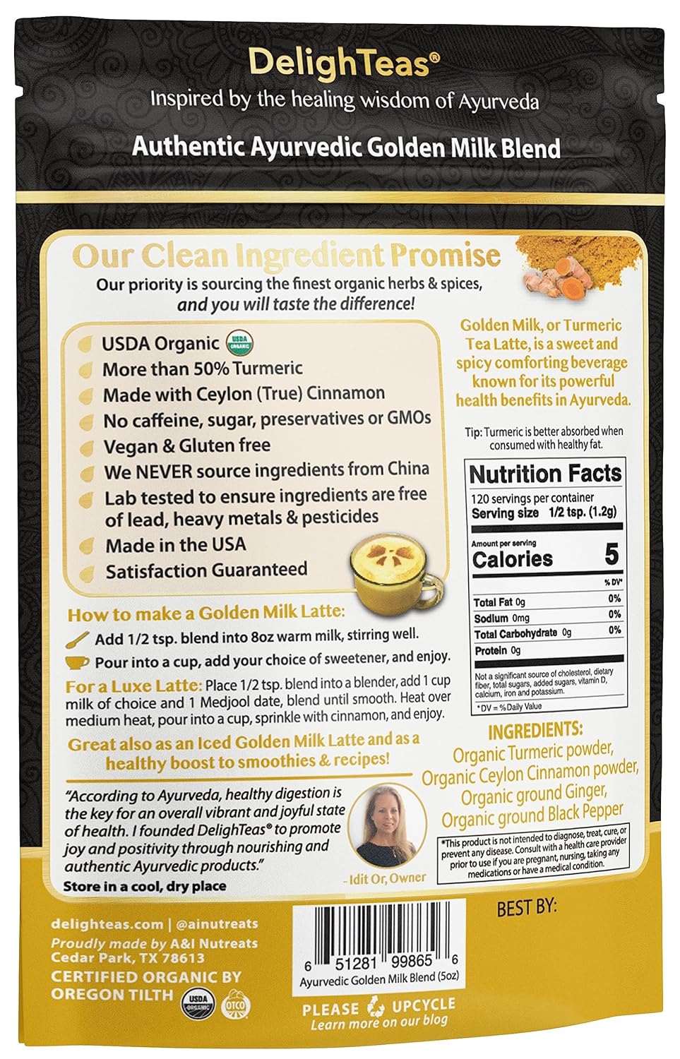 DelighTeas Organic Golden Milk Powder with Turmeric, Ginger, Ceylon Cinnamon | Ayurvedic Spices for Golden Turmeric Latte | Unsweetened, Vegan, Non-GMO, Keto | 120 Servings, 5 oz.