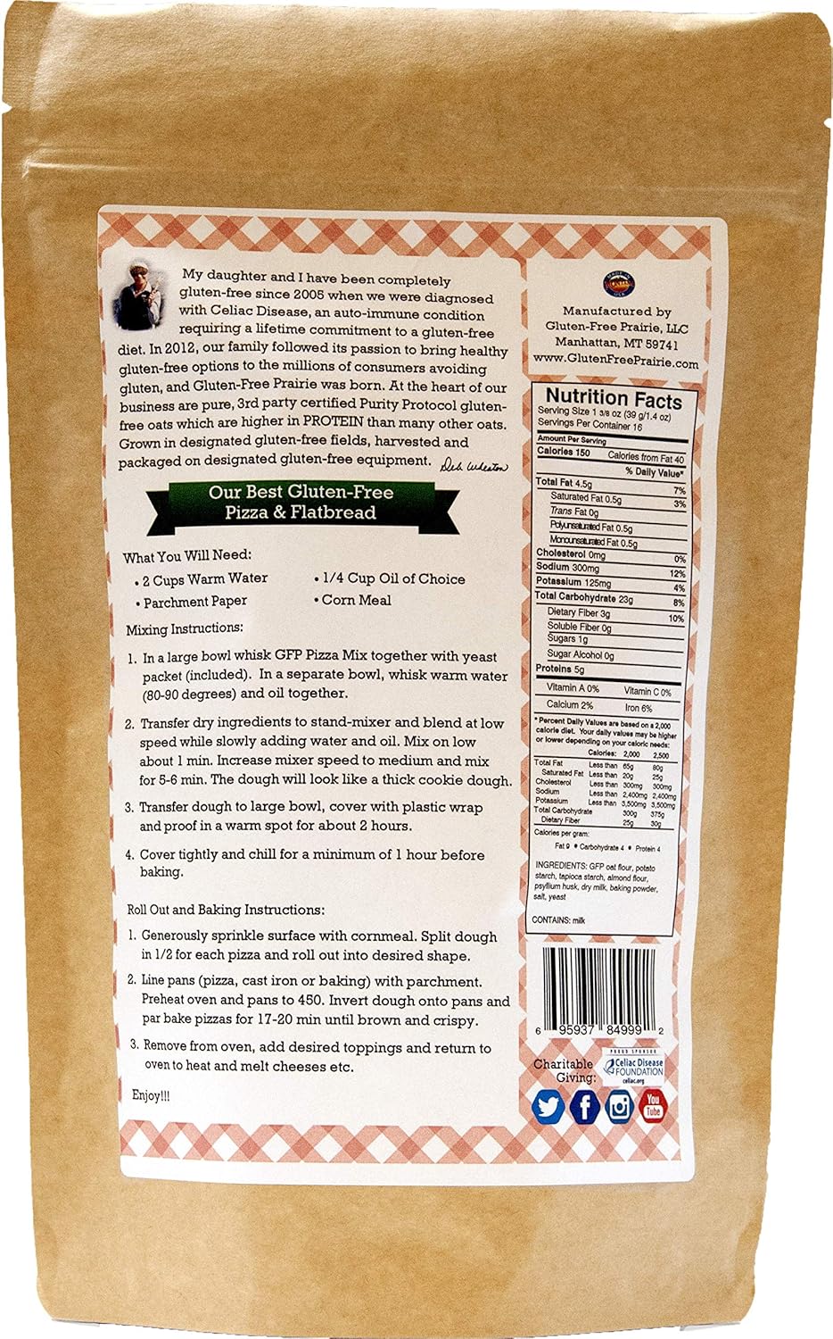 Gluten-Free Prairie Our Best Pizza & Flatbread Mix, Certified Gluten Free Purity Protocol, Non-GMO, 20 Ounces