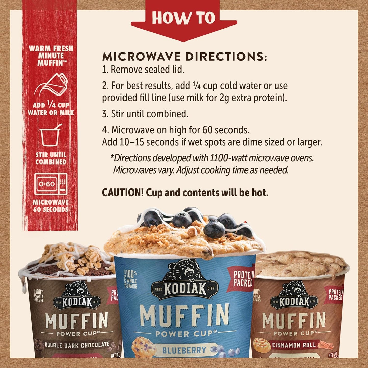 Kodiak Cakes Minute Muffin Cup Variety Pack - 100% Whole Grains, Double Dark Chocolate, Blueberry & Cinnamon Roll (Pack of 12)