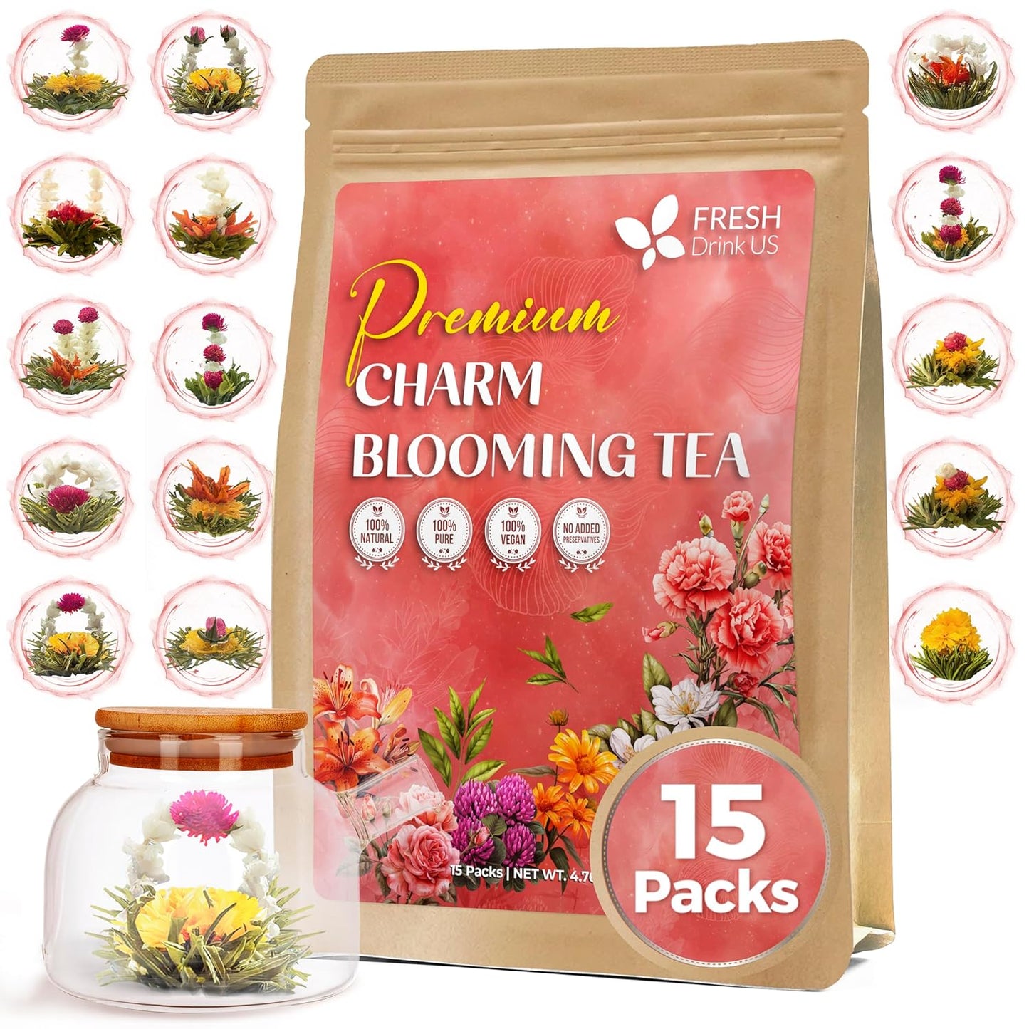FreshDrinkUS, Premium 15 Flowering Tea Balls – Green Tea, Lily, Jasmine, Rose, Gomphrena & More – Beautiful Hand-Tied Blooming Teas for Relaxation & Wellness – Caffeine-Free. Ideal Gift for Tea Lovers