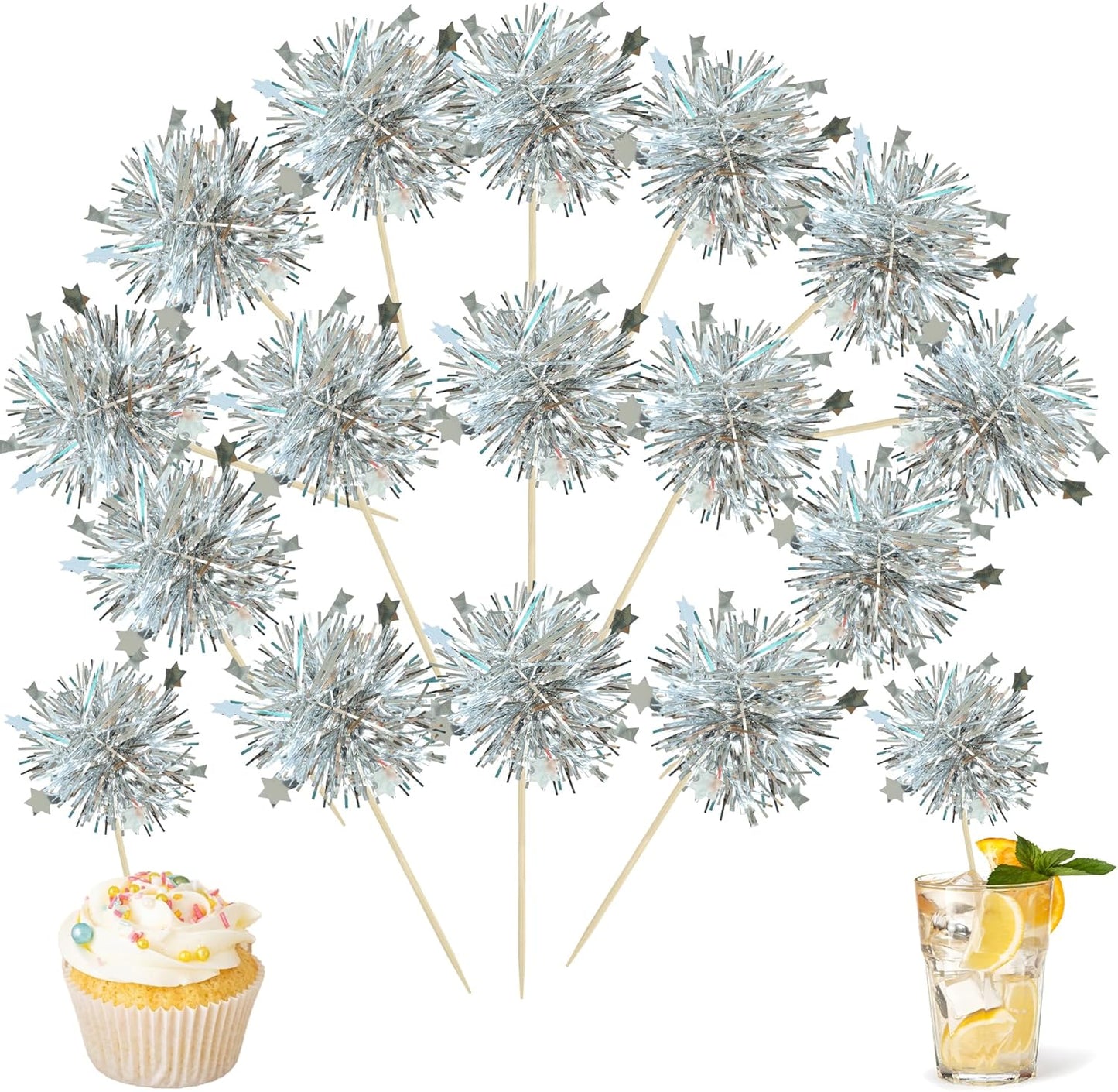 Ephlyn 30Pcs Foil Firework Cupcake Toppers Party Birthday Cake Toppers Supplies Sparkle Tinsel Cocktail Fruit Toothpick for Birthday Wedding Graduation Party Silver