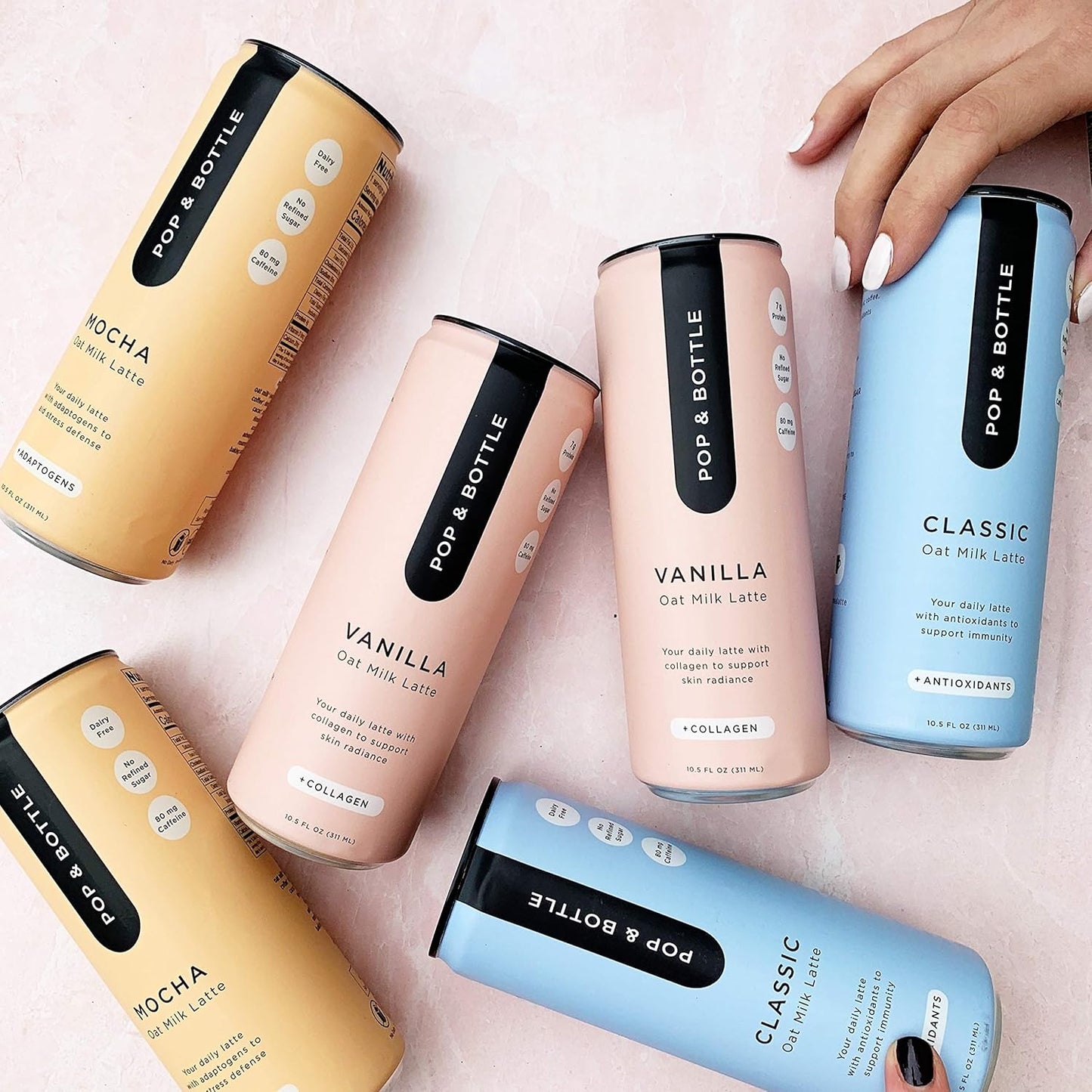 Pop & Bottle, Oat Milk Lattes - Cold Brew, Maca, Antioxidants, Ashwagandha, MCT Oil, Collagen, Organic, Diary Free, Gluten Free, Lightly Sweetened with Dates - Variety, 8 Fl Oz (6 Pack)