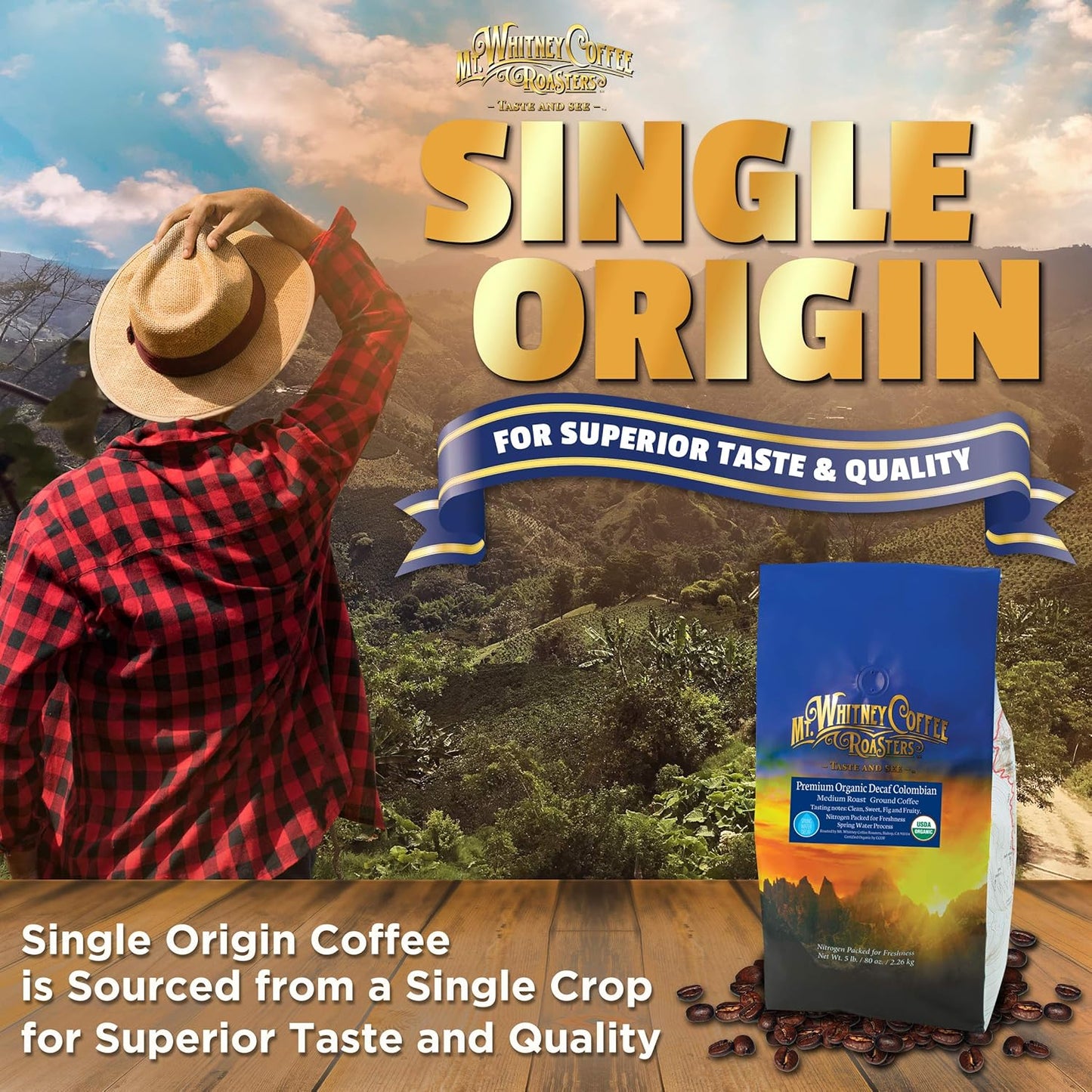 Mt. Whitney Premium Organic Spring Water Colombian, Medium Dark Roast, Low Acid Decaf Coffee (Ground, 5 Lb)