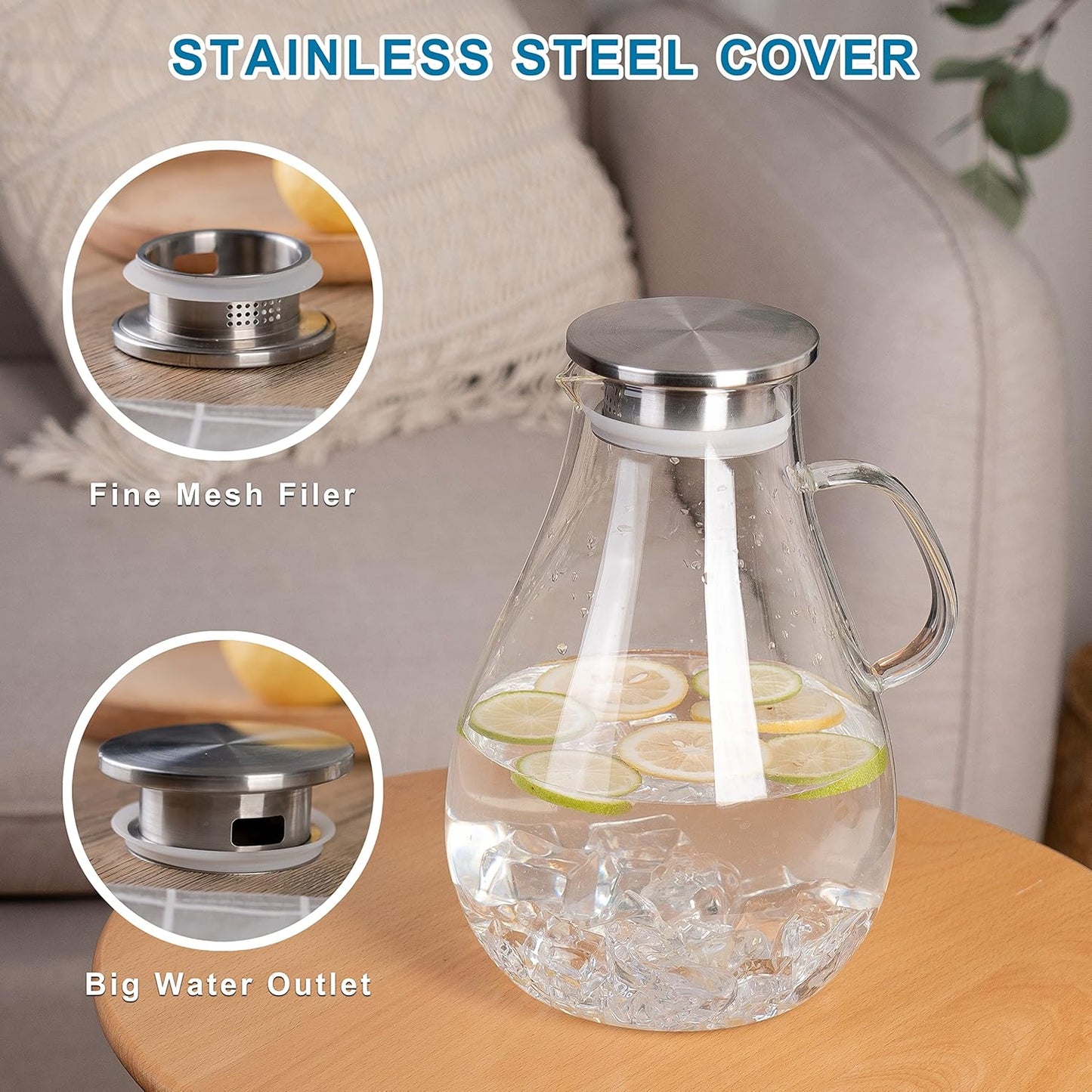 Glass Pitcher with Lid,3000ml - Hot/Cold Water Jug, Juice and Iced Tea Beverage Carafe
