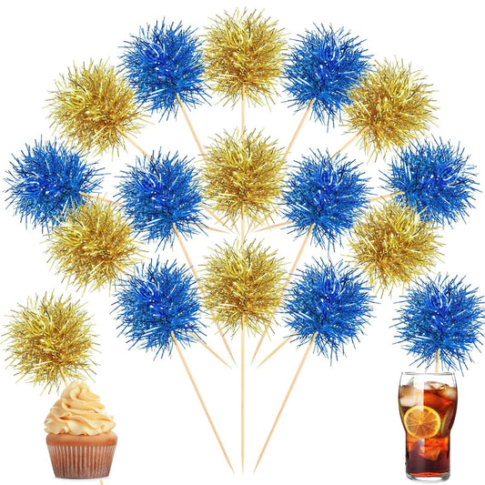 Chinco 100 Pcs Foil Firework Cupcake Toppers Sparkle Tinsel Cake Toppers Cake Decoration Cocktail Fruit Toothpick for Birthday Wedding Graduation Party(Blue, Gold)