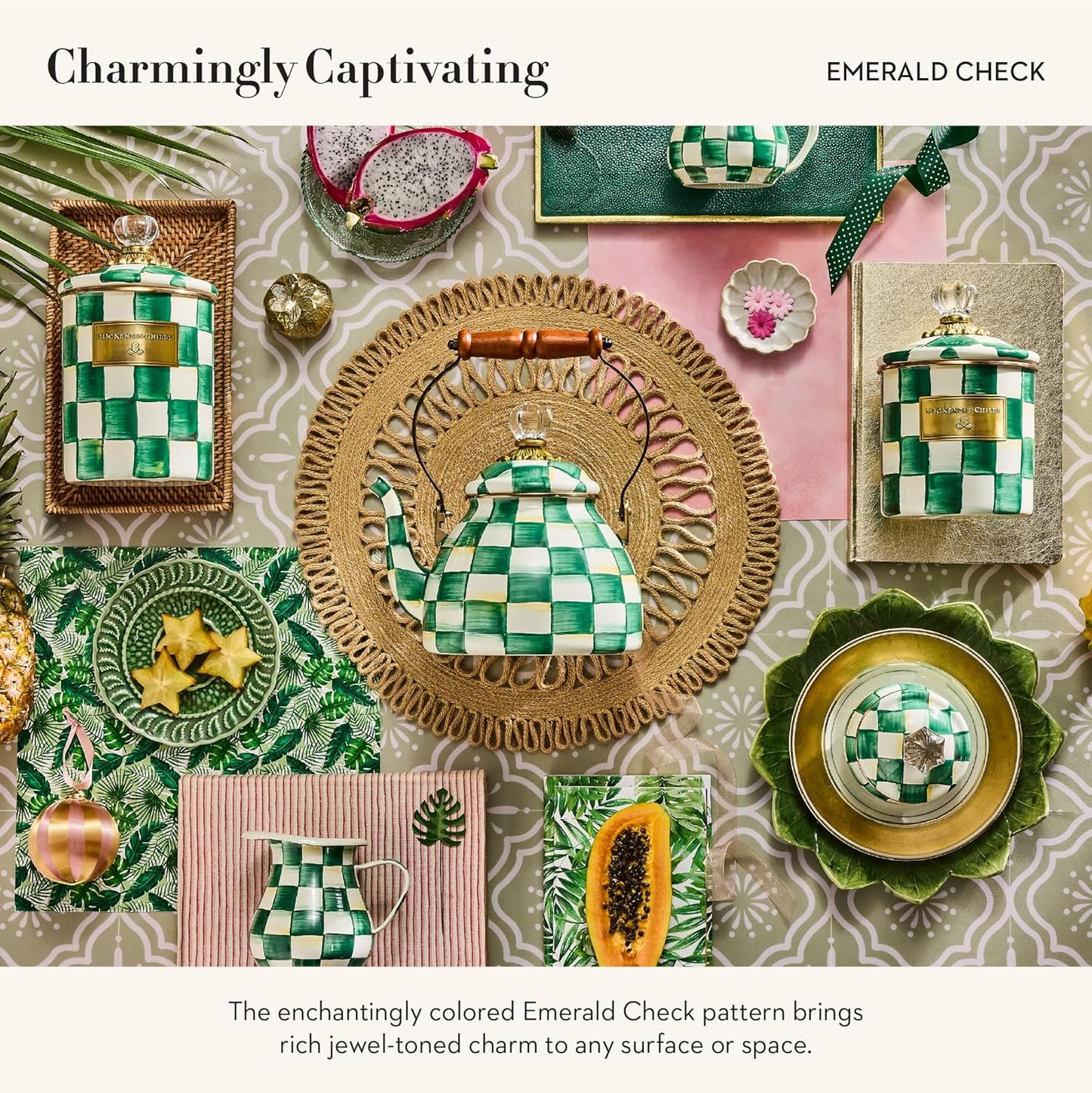 MACKENZIE-CHILDS Enamel Tea Kettle, Stylish Tea Kettle for Stovetop, Green-and-White Emerald Check, 2 Quarts