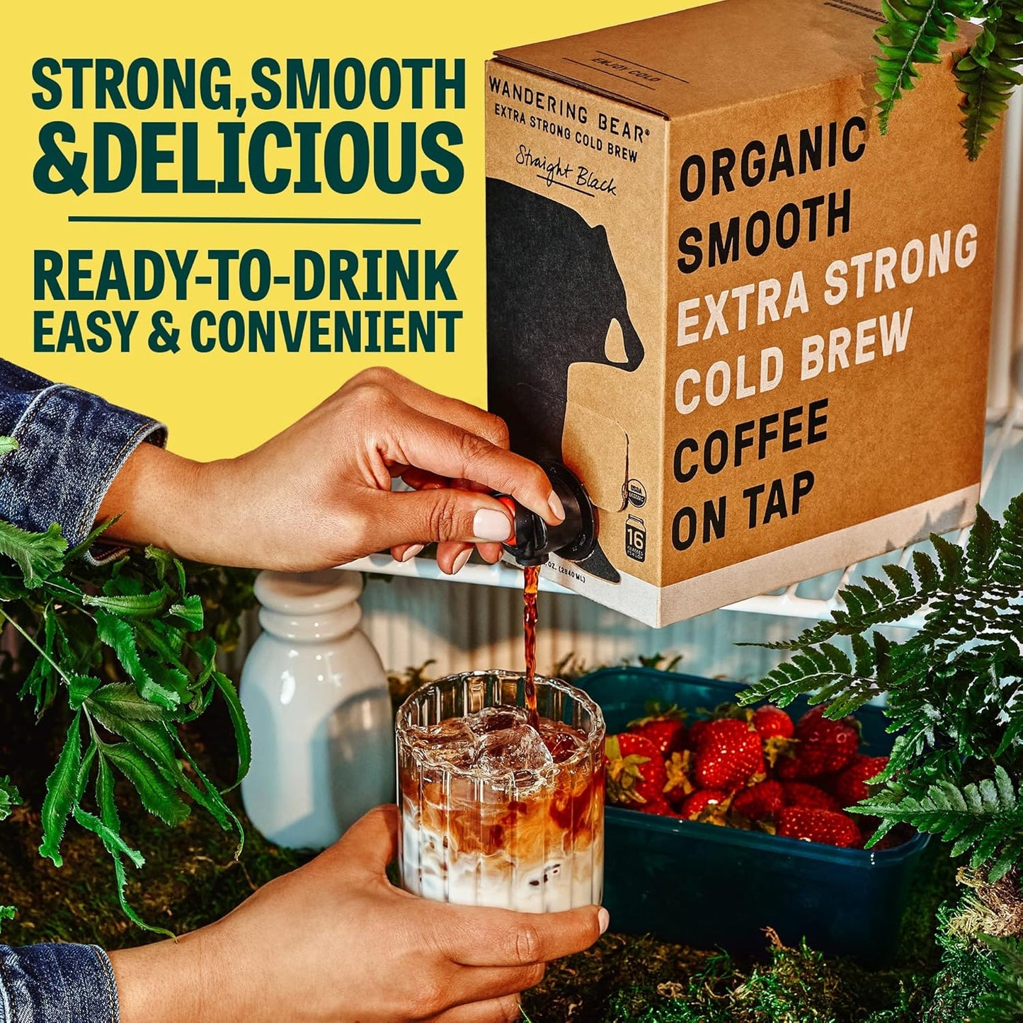Wandering Bear Straight Black Organic Cold Brew Coffee On Tap, 96 fl oz - Extra Strong, Bold, Smooth, Unsweetened, Shelf-Stable, Ready to Drink, 100% Organic, Iced Cold Brewed Coffee Drinks