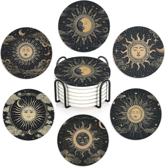 Drink Coasters Set of 6 with Holder, Gold Sun Moon Clouds Stars Absorbent Ceramic Coasters with Cork Base,Fit All Cups,Great Gift for Housewarming,Room Decor,Bar,Holiday Party