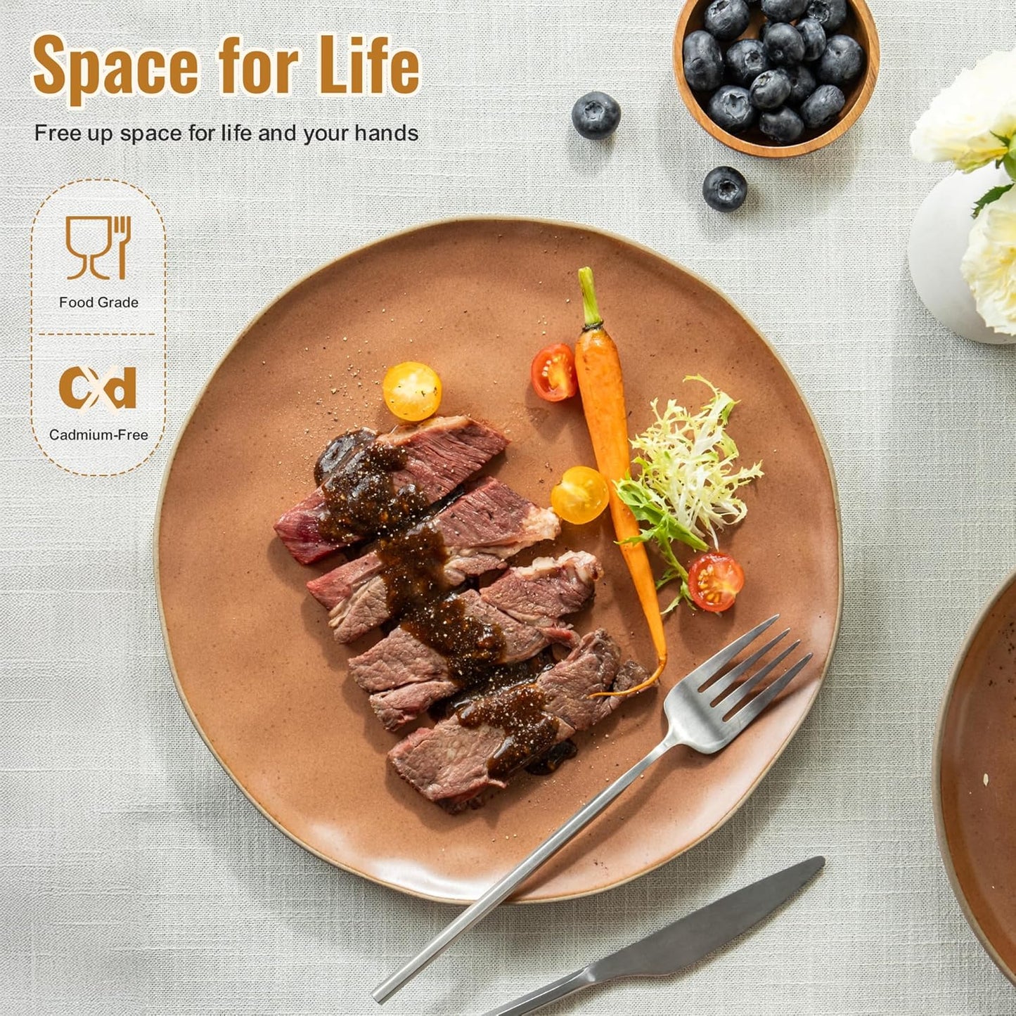 12 Pieces Dinnerware Sets,Plates and Bowls Sets, Handmade Reactive Glaze Dishes Set for 4 with at Least 10% Recycled Ceramic(Brownish Red)