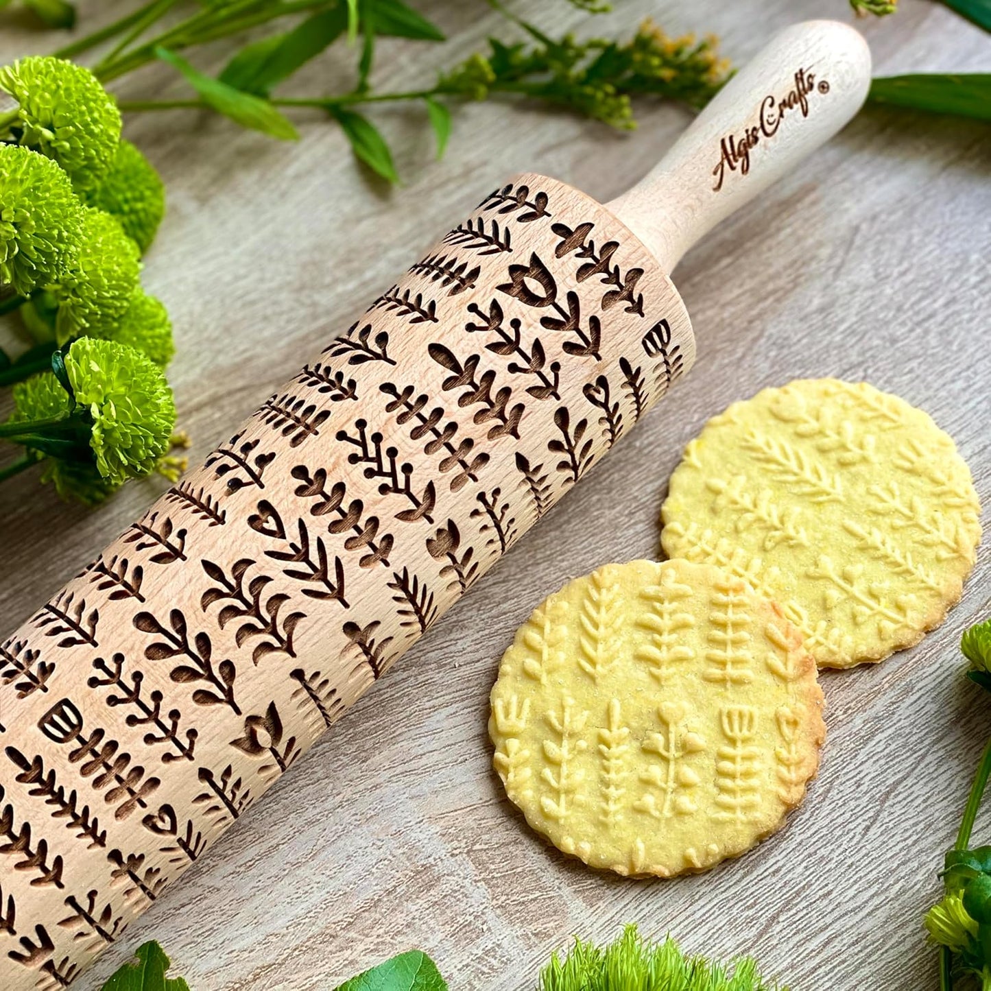 HERBS Embossing rolling pin. Leafy green and flowering plants on embossed dough roller