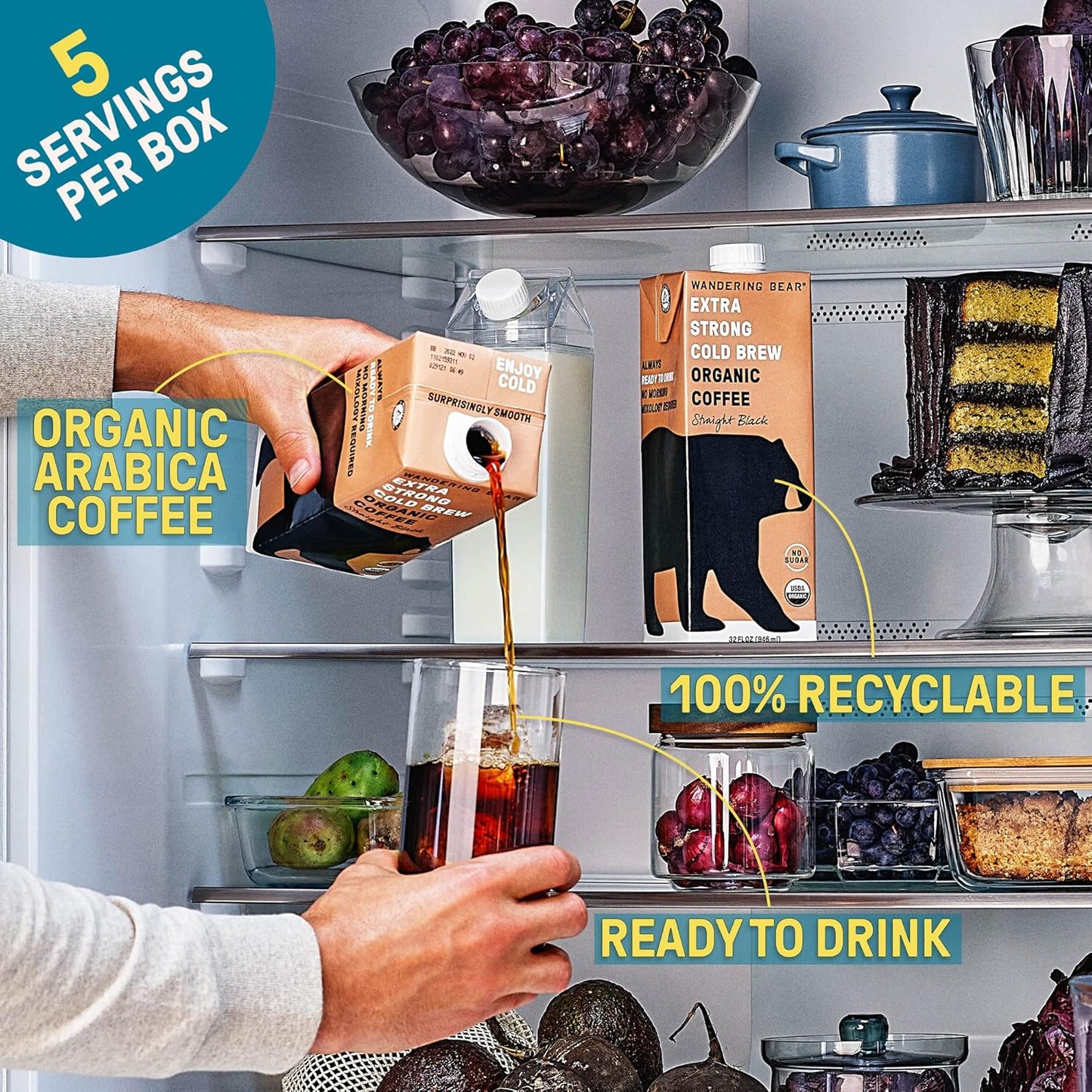 Wandering Bear Organic Vanilla Cold Brew Coffee, 32 fl oz, 3 pack - Extra Strong, Bold, Smooth, Unsweetened, Shelf-Stable, Ready to Drink, Gluten Free, & Vegan, Iced Cold Brewed Coffee Drinks