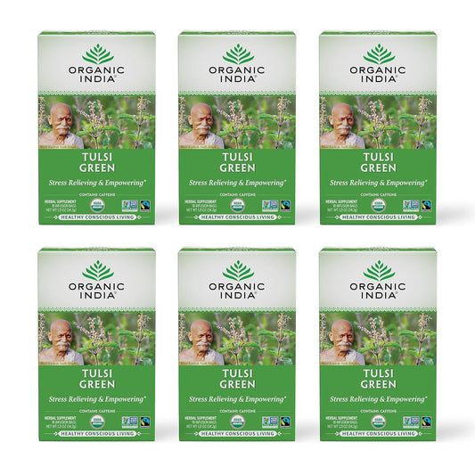 Organic India Tulsi Green Tea Bags - Holy Basil Tea, African Basil, Stress Relieving, Immune Support, USDA Certified Organic, Premium Darjeeling Green Tea, Caffeinated - 18 Infusion Bags, 6 Pack