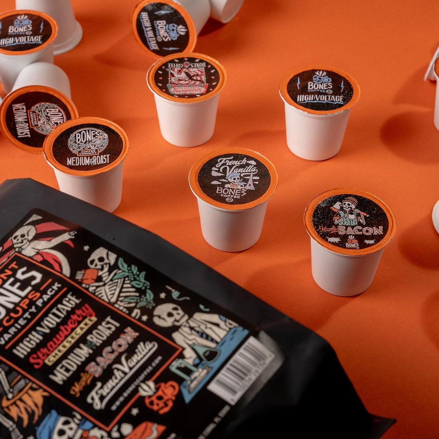 Bones Coffee Company Variety Flavored Coffee Pods, French Vanilla, Maple Bacon, Strawberry Cheesecake, Medium Roast, High Voltage Bones Cups, Compatible with 1.0 & 2.0 K-Cups Brewers, 20 Count
