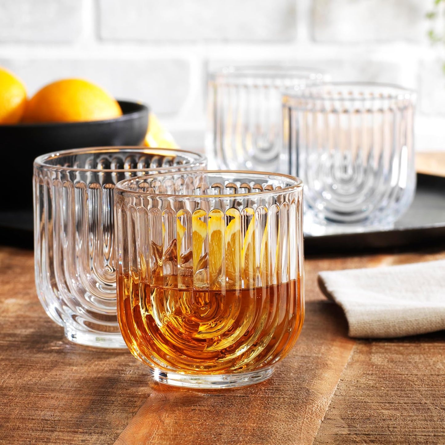 Glaver's Whiskey Glasses 11oz. Set of 4 Old Fashioned Bourbon Glasses. Ribbed Cocktail Arch Design Art Deco Bar Glassware for Whisky, Cocktails, Juice and Chilled Beverages.