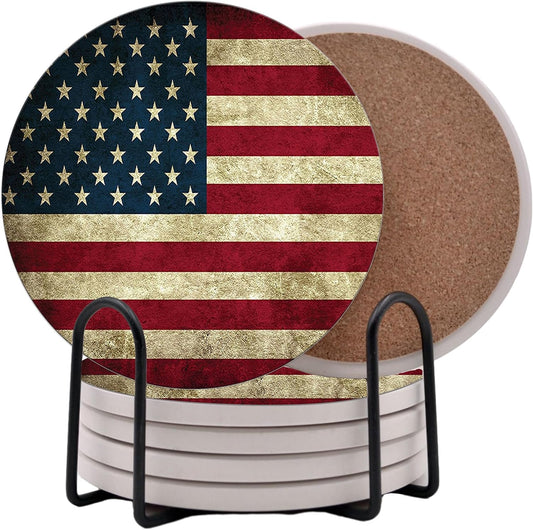 USA American Flag United States Round Coasters Set of 6 - Abosrbent Ceramic with Metal Stand for Drinks, Coffee, Non-Slip Cork Back for Tabletop Protection, 4 Inches (Rustic)