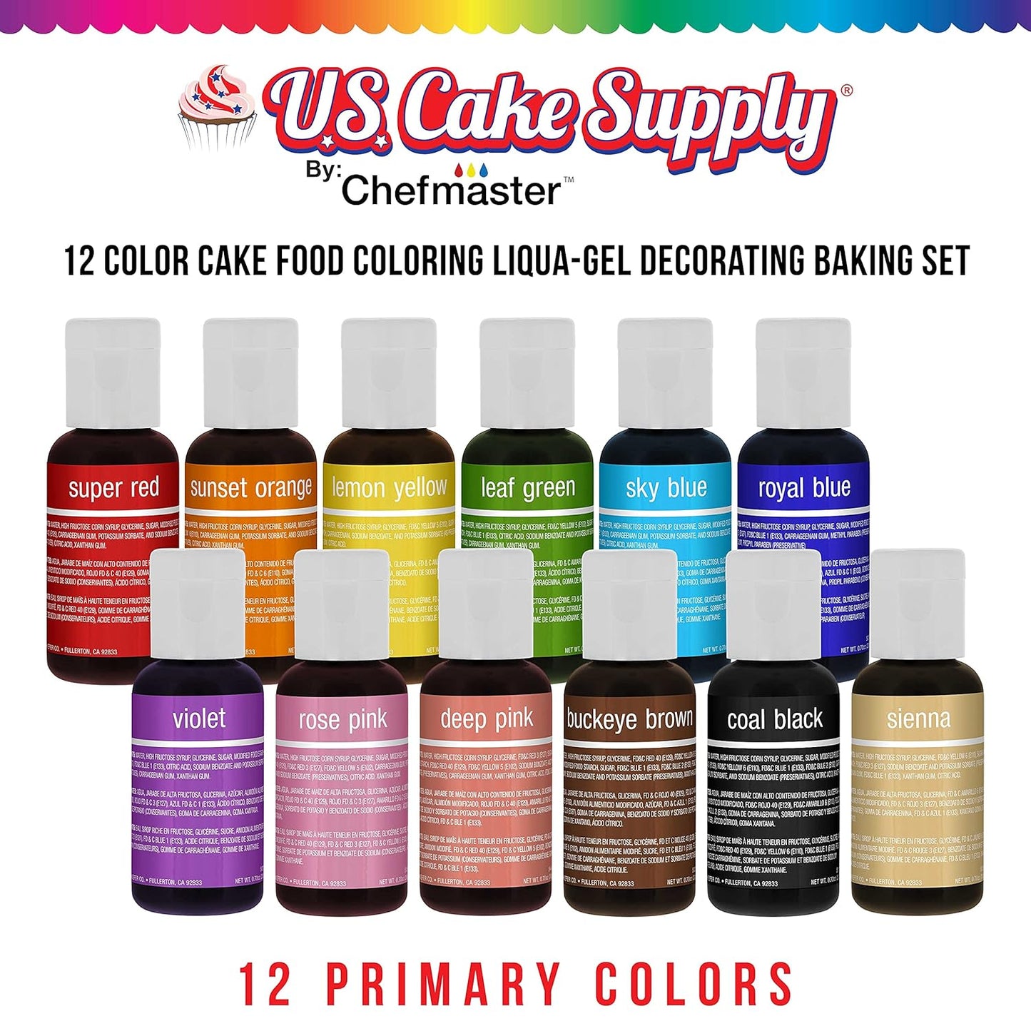 U.S. Cake Supply 12 Color Cake Food Coloring Liqua-Gel Decorating Set - .75 fl. Oz. (20ml) Bottles Primary Colors