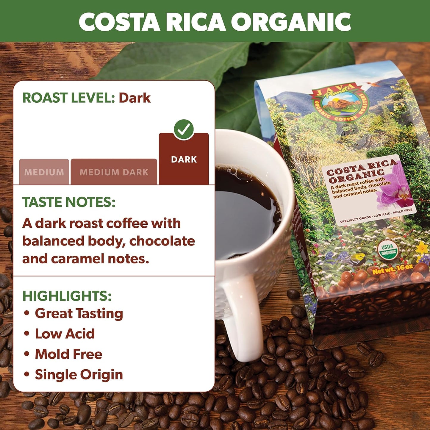 Low Acid Organic Coffee – Whole Bean, Mold-Free & Stomach Friendly by Java Planet, Costa Rican Single Origin Coffee, Dark Roast, Smooth Full Flavored, 2x1LB Bag