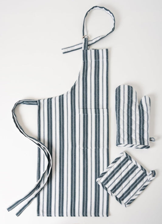 1 Oven Mitt, 1 PotHolder & 1 Kitchen Apron Set - Durable Heat Resistant Gloves - Thick Mittens for Kitchen - Suitable for Cooking, Baking, Grilling – Men & Women – Navy Blue Stripes - Casa De Lan