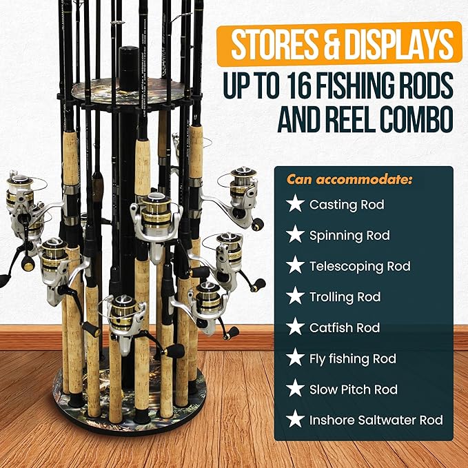 Rush Creek Creations Round Fishing Rod Holder - 16 Pole Rack with Clips for Garage Organization