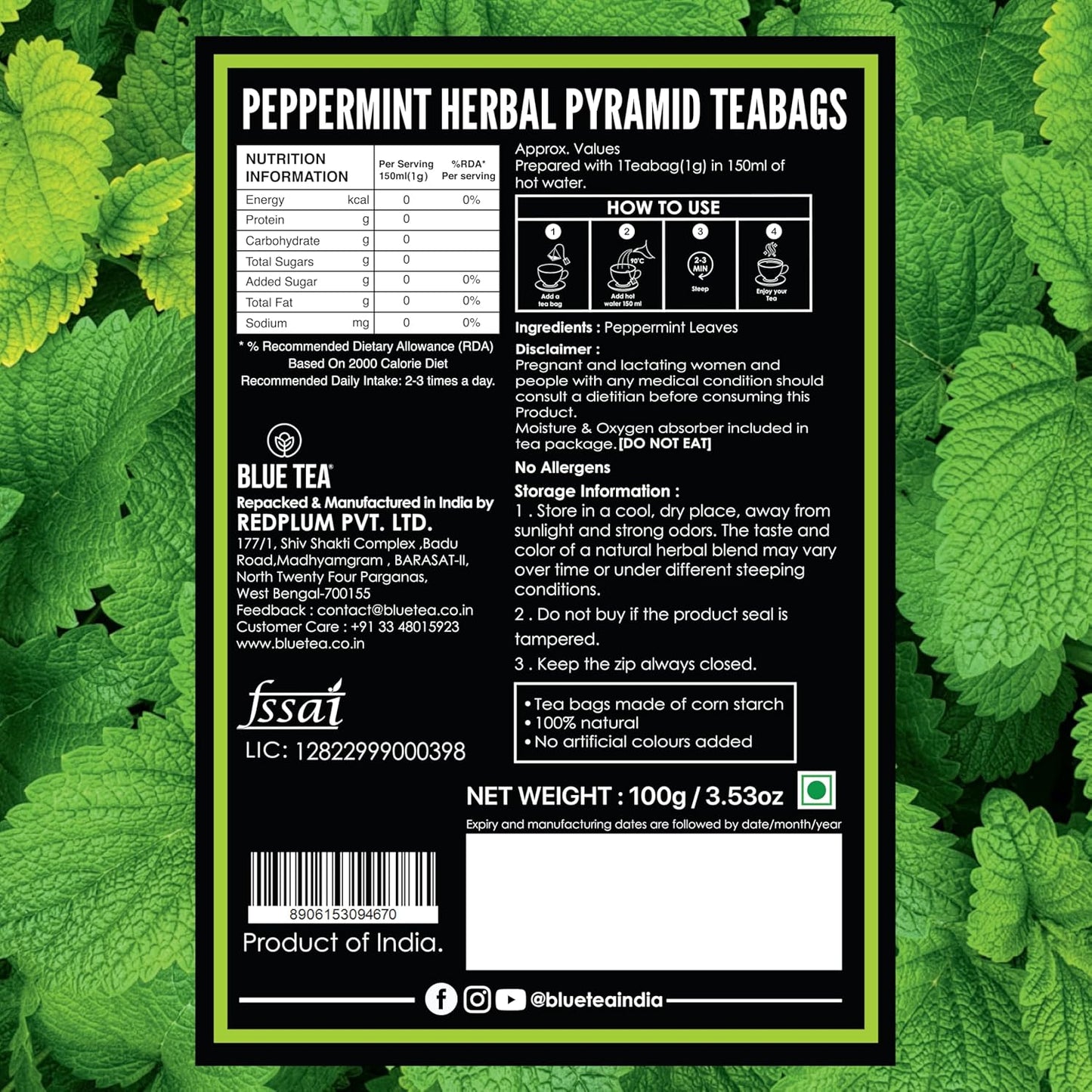 BLUE TEA - Peppermint Tea - 10 Count - Plant Based Tea Bag | SUPPORTS DIGESTION | Antioxidant Rich | Fresh & Cool Minty Flavour | Caffeine Free - Herbal Tea - Non-Bitter - Leaf Based | Ziplock Pack