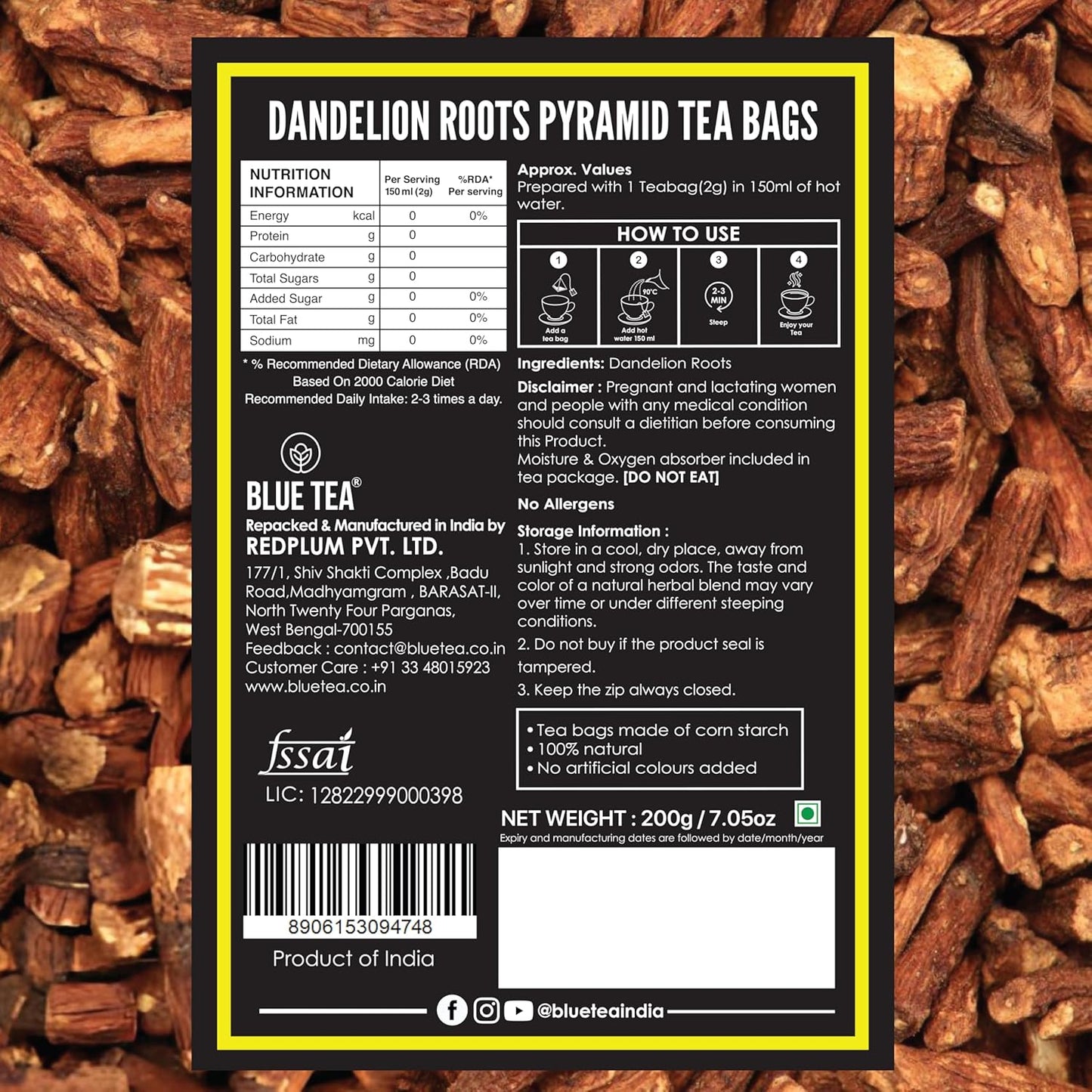 BLUE TEA - Dandelion Root Tea - 100 Count - Pyramid Plant Based Tea Bag | Support Kidney Function & Healthy Digestion | Detox Tea | Herbal Tea - Caffeine Free - Non-Bitter - Mild Flavor | Zipper Pack