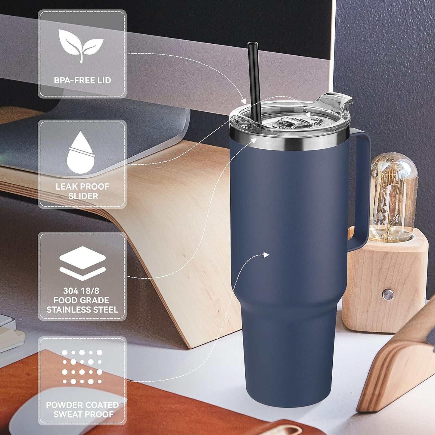 HASLE OUTFITTERS 40 oz Stainless Steel Tumbler with Handle, Vacuum Insulated Tumblers Bulk, Reusable Double Wall Travel Coffee Mug, Durable Powder Coated Water Bottles(Navy, 4)