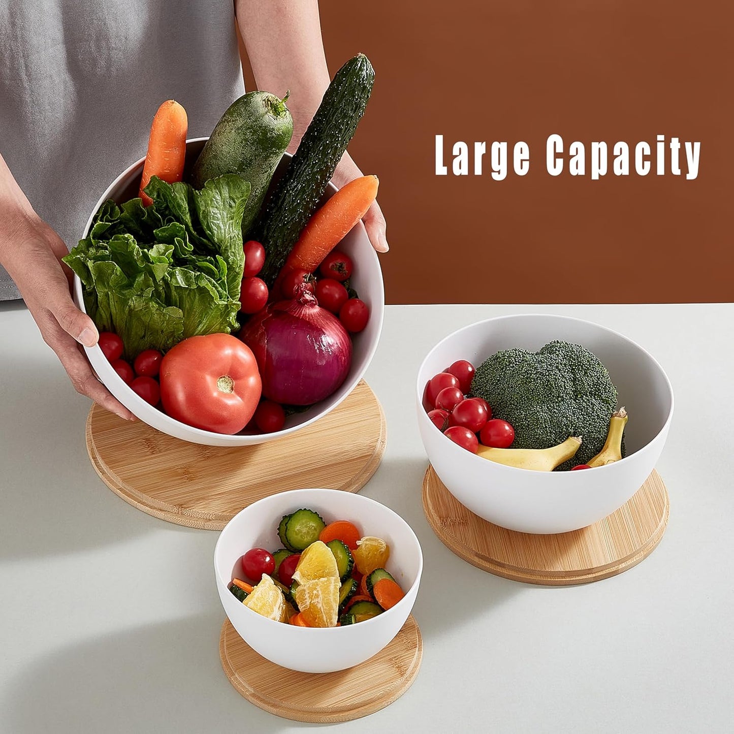 JOYMAY Salad Bowls, Mixing Bowl Salad Bowl Set, Natural Bamboo Fiber Serving Bowl Set of 3 with Bamboo Wood Lid, Nesting Bowls for Salads,Pastas(White,10",8",6")