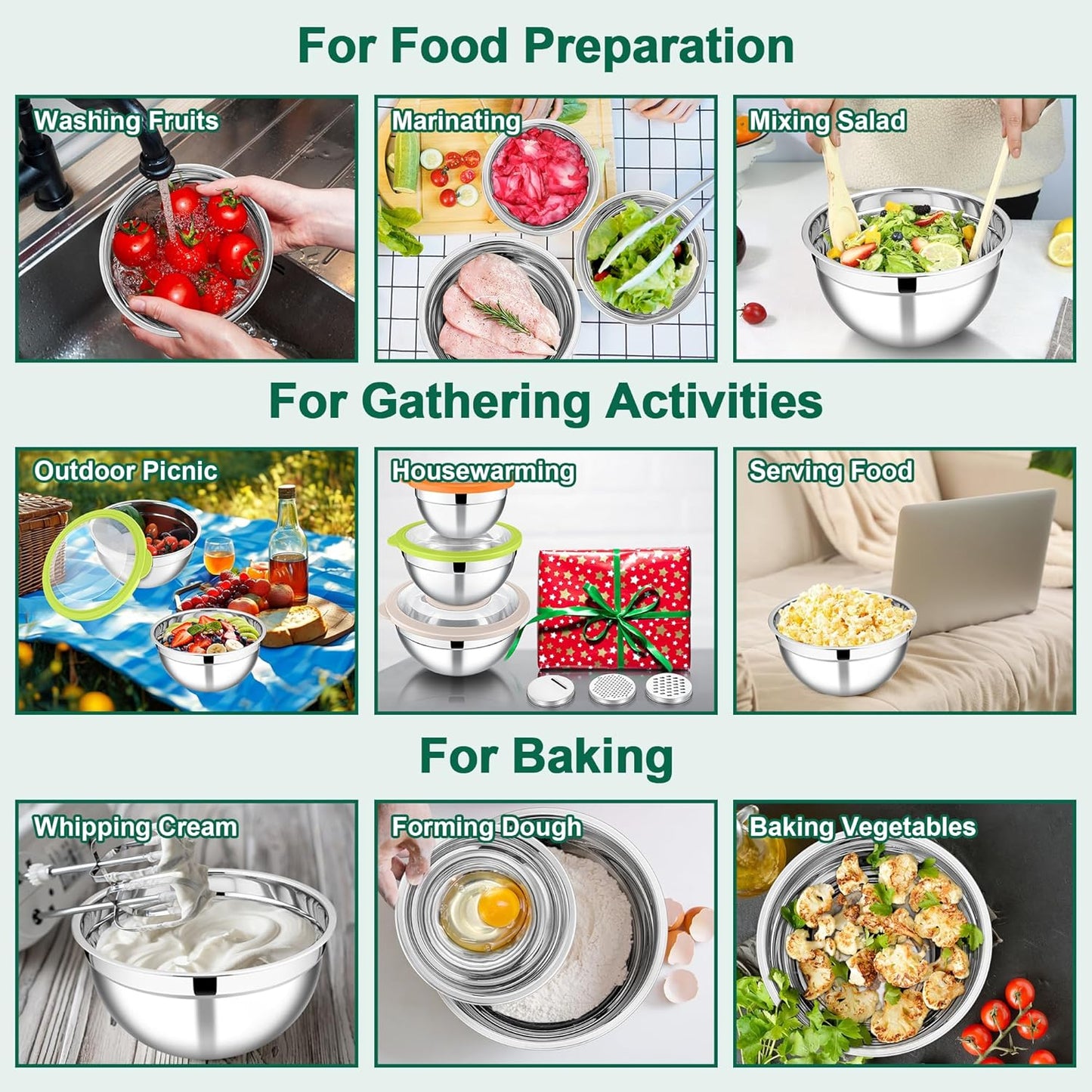 E-far Mixing Bowls with Lids and Graters, Stainless Steel Salad Mixing Bowl with Transparent Lid Set of 3, Metal Nesting Salad Storage for Kitchen Prepping/Serving/Baking, 4.6/2.6/1.5QT - Colorful