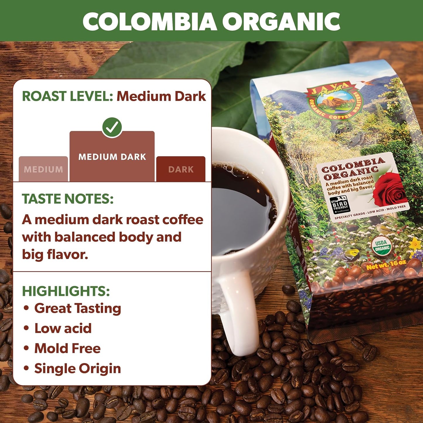 Low Acid Organic Coffee – Whole Bean, Mold-Free & Stomach Friendly by Java Planet, Colombian Single Origin, Medium Dark Roast, Smooth Full Flavored, 2x1LB Bag