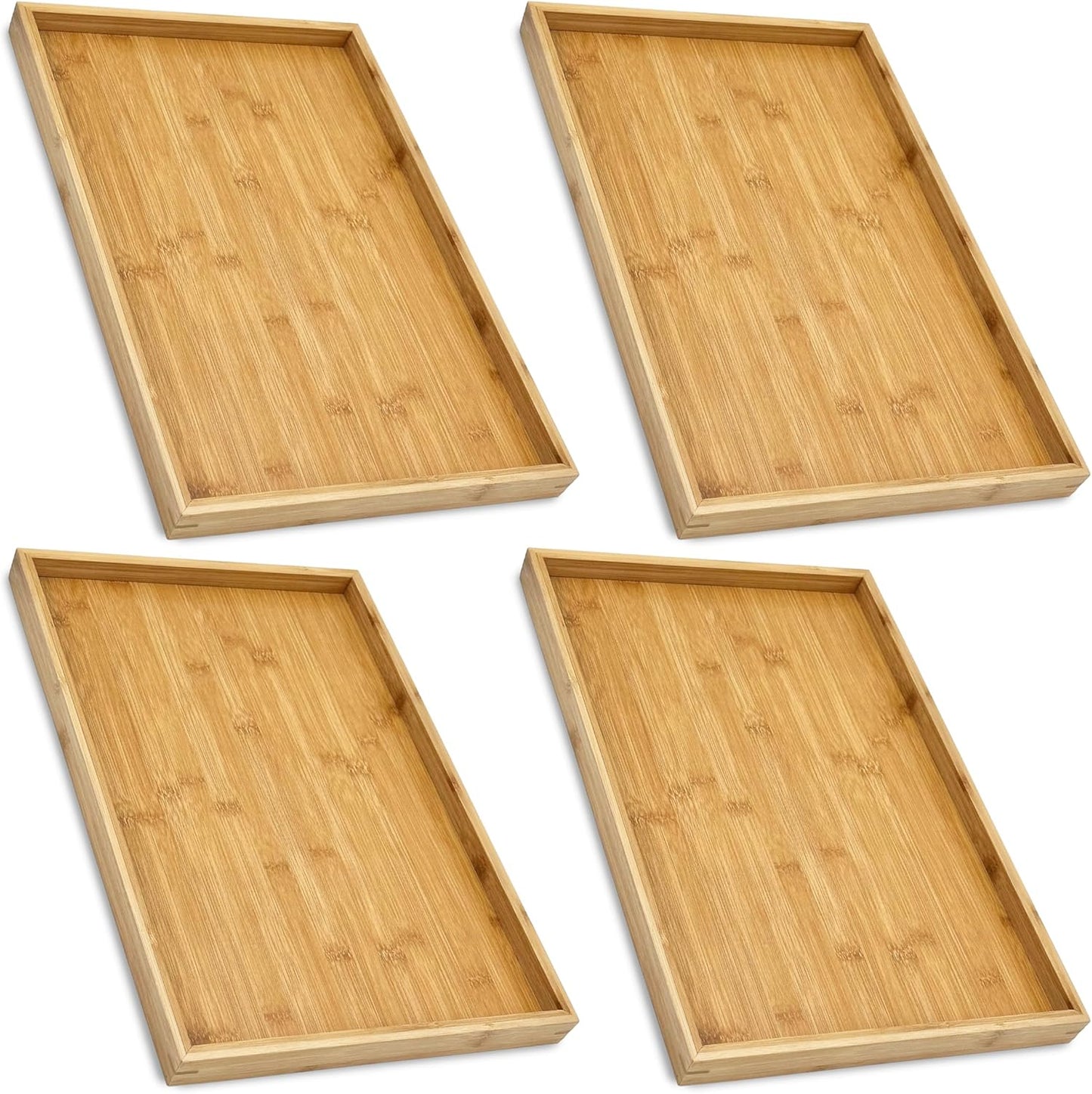Bam & Boo (4-Pack) Natural Bamboo Rectangle Serving & Vanity Tray - for Kitchen, Bathroom, Countertop, Coffee Table (17.75" x 11.8" x 1.2")