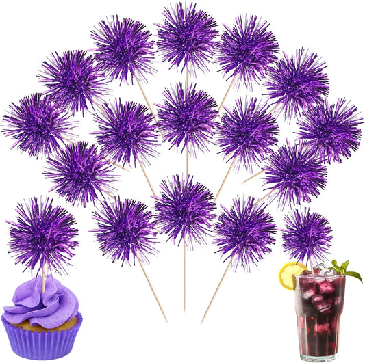 40 PCS Foil Firework Cupcake Toppers Fireworks Cupcake Picks Sparkle Tinsel Cake Decorations Cocktail Fruit Toothpick for Firework Theme Birthday Wedding Graduation Party Decorations Supplies Purple