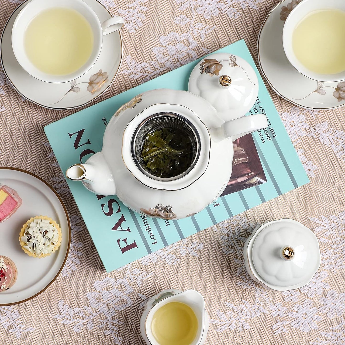 CHENP.HMC Porcelain Ceramic 22-Piece Tea Set, Teapot and Cup Set, 30.7 Ounces, for 6, Gift Sets, Tea or Coffee Lovers, Wedding, Birthday