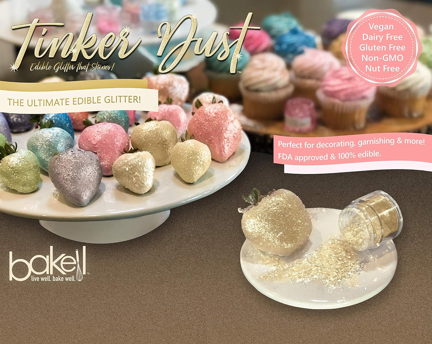BAKELL Bright Gold Edible Glitter, 25 Grams | TINKER DUST Edible Glitter | KOSHER Certified | 100% Edible Glitter | Cakes, Cupcakes, Cake Pops, Drinks, Dessert Vegan Glitter & Dusts (25g, Bright Gold)