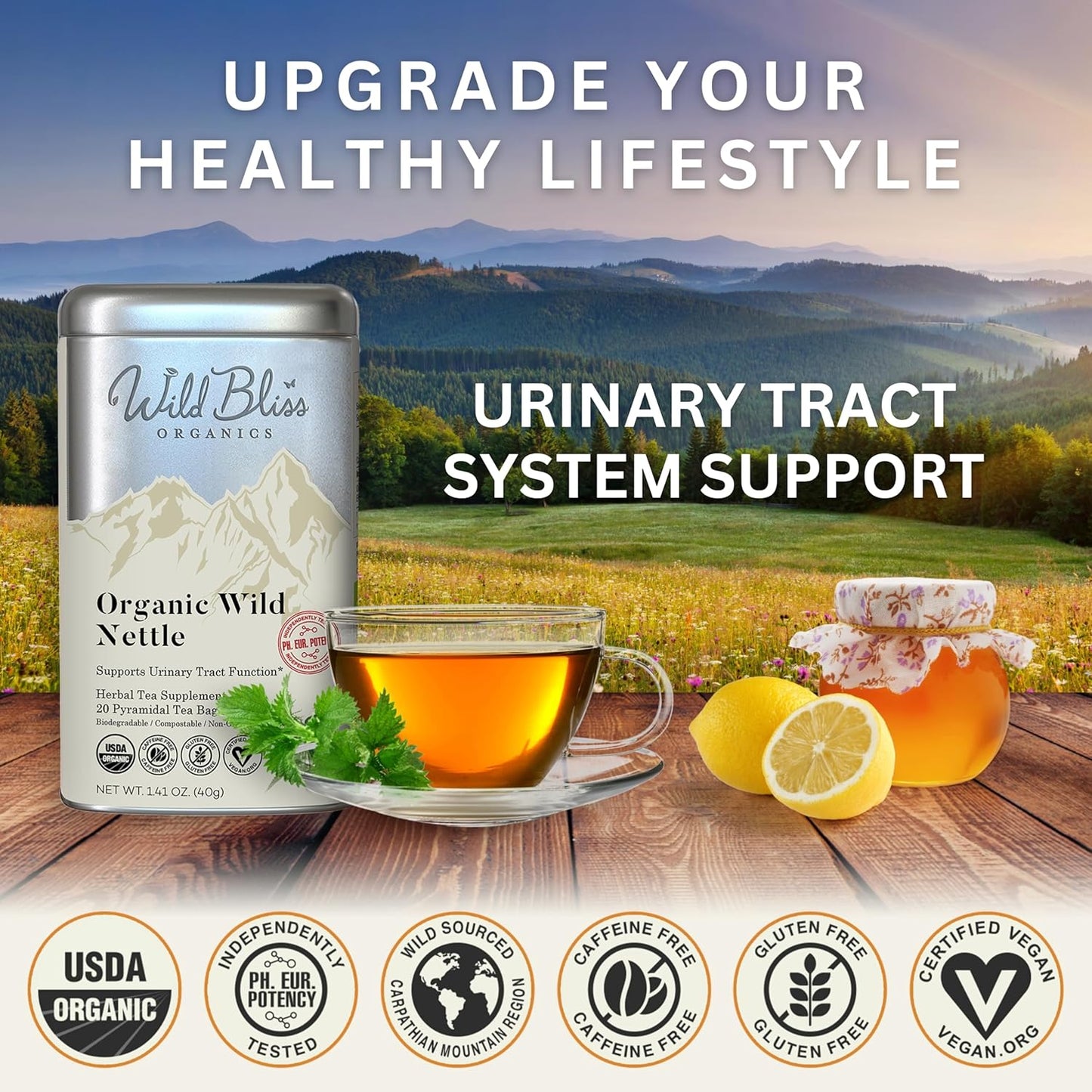 Wild Bliss Organic Wild Stinging Nettle Leaf Tea - Caffeine Free Urinary Tract and Joint Health Herbal Support - Pharmacopoeia Potency - 20 Plant Based Tea Bags